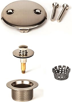 PF WaterWorks PF0969-BN Lift Lock Push Pull Bath Tub Drain Assembly Coarse Drain 11.5 TPI + Stopper + Two 2 Hole Face Plate - FREE Hair Catcher/Strainer - Eliminate Clogs Brushed Nickel
