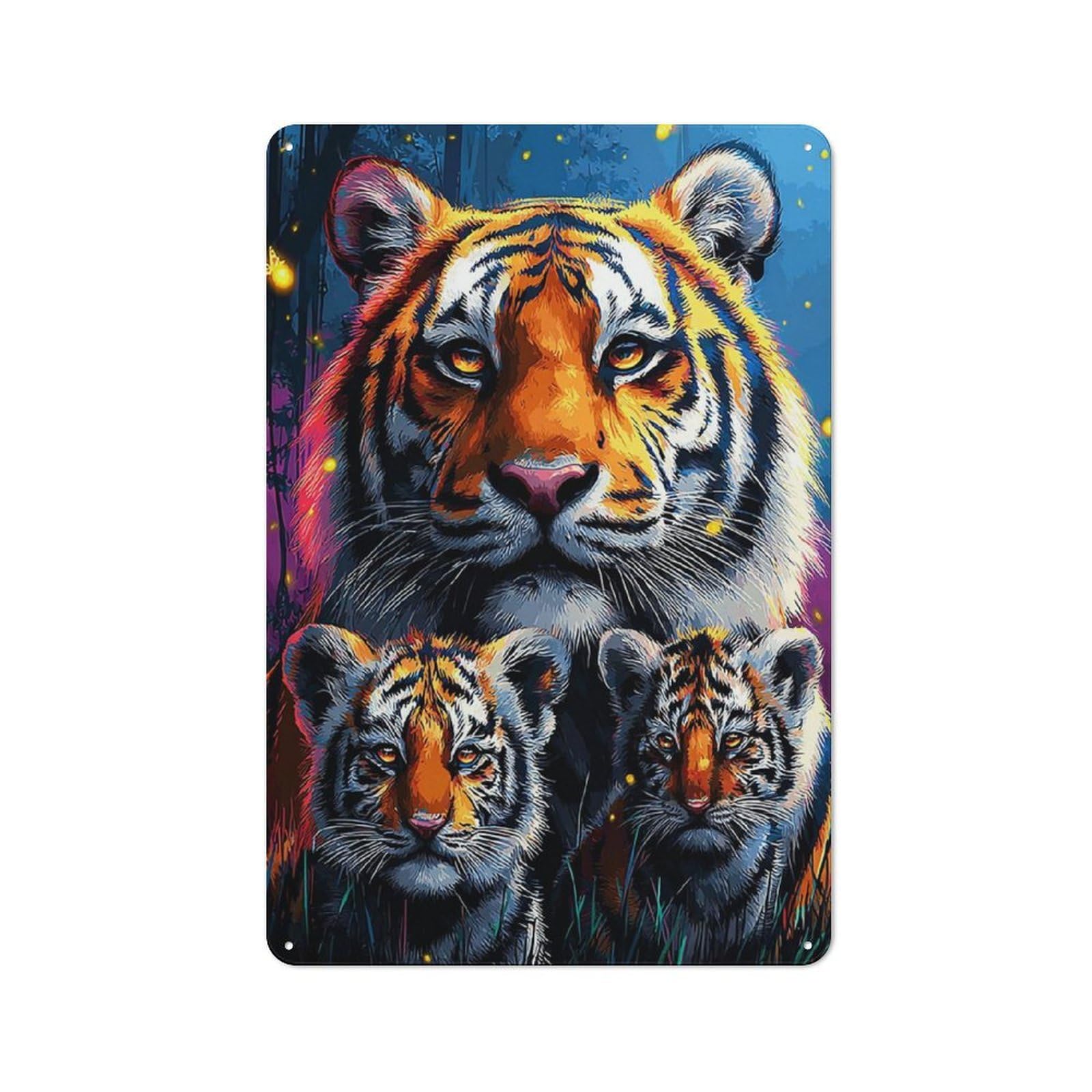 Junmoney Colorful Tiger Family Portrait Modern Vintage Metal Desk Wall Sign 30X20cm, Office Wall Decor For Office, Study, Studio Or Hallway