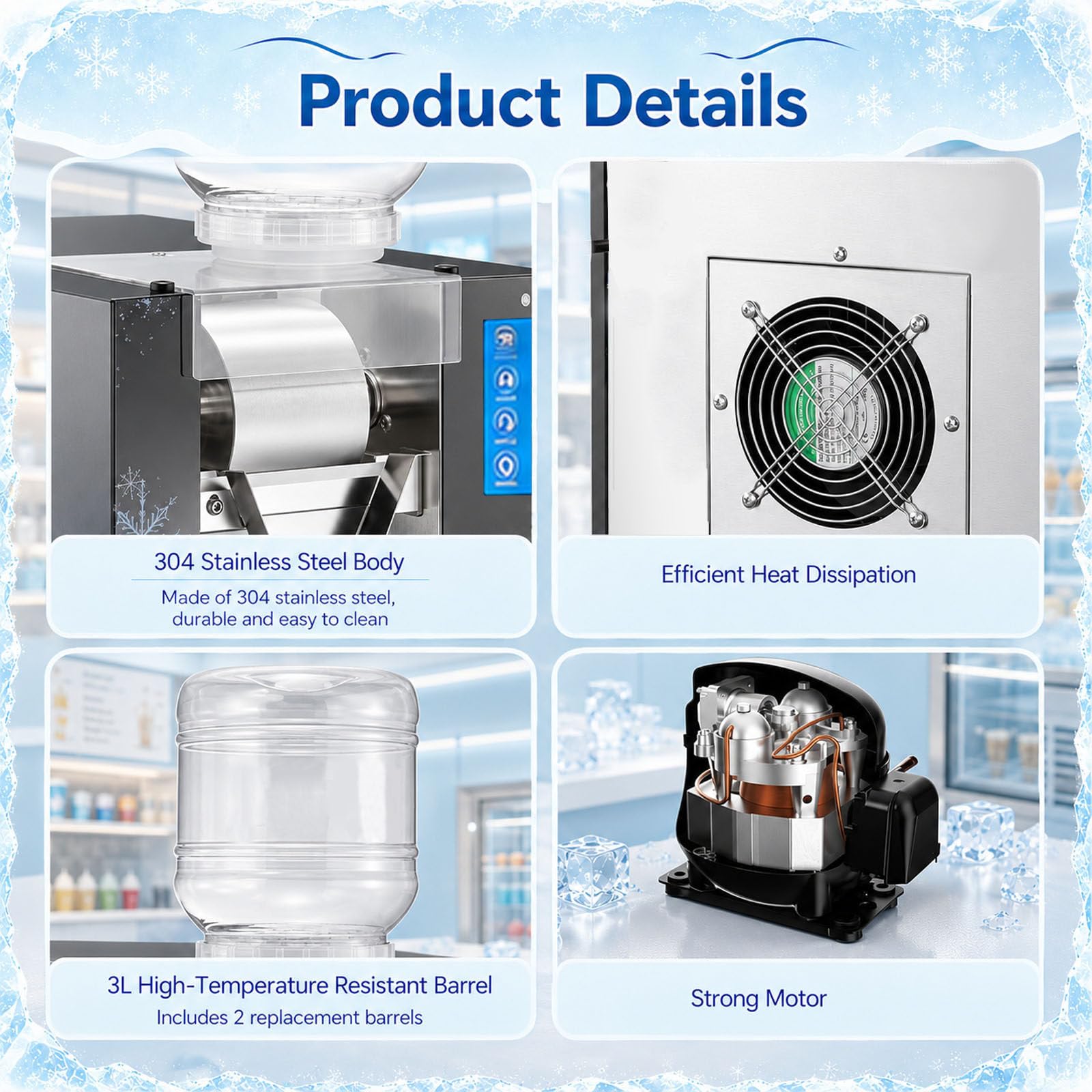 Máquina de Hielo en Escamas Comercial 750W Acero Inox 304 Rápida Aire | Textura Esponjosa Ideal para Bingsu, Té con Leche y Bebidas Frías. Excelente Rendimiento para Cafeterías y Snack Bars
