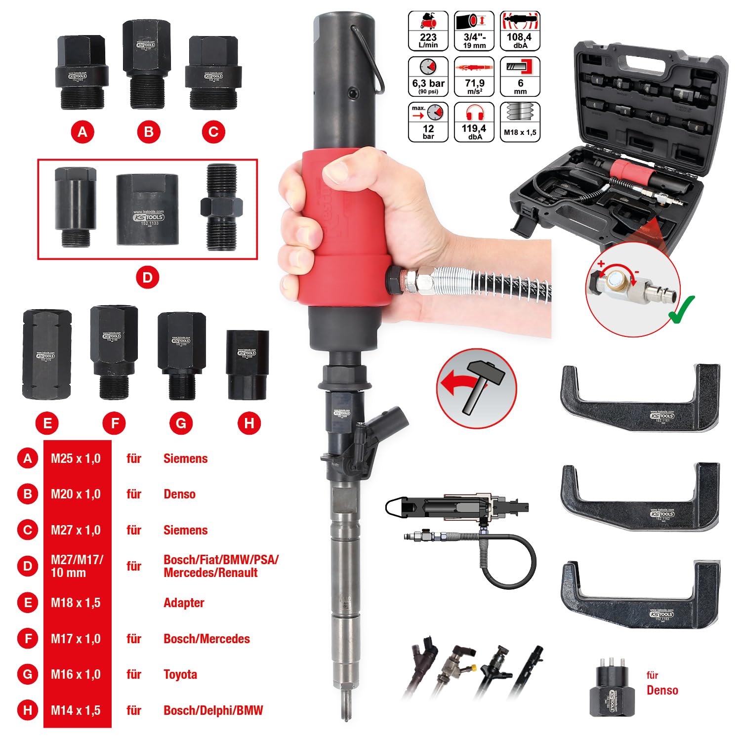 KS Tools 152.1130 Druckluft Injektoren-Auszieher-Satz, 9-tlg