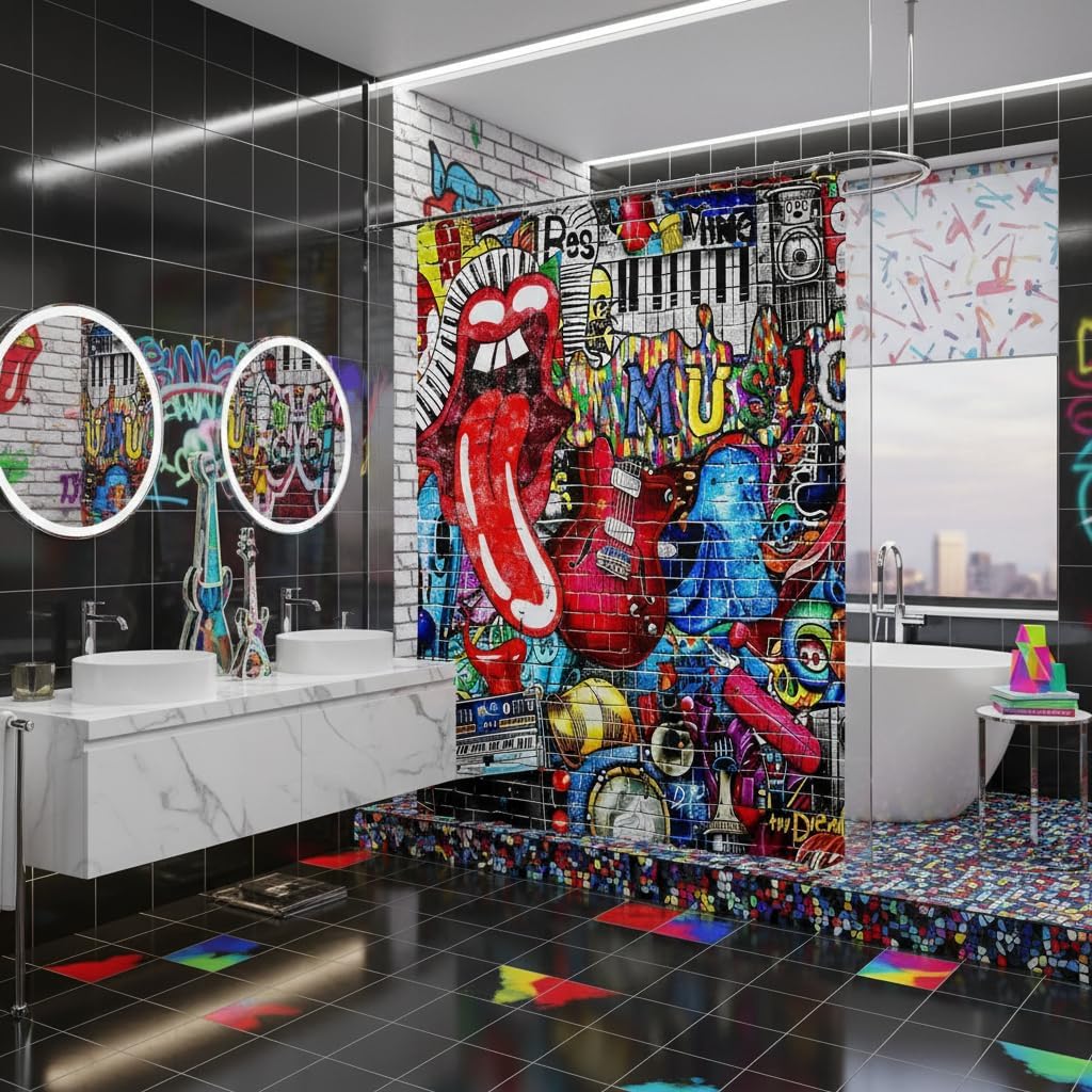 Homewish Music Themed Graffiti Shower Curtain, Teens Girls Colorful Brick Wall Graffiti Bathroom Fashion Red Lips 3D Print Waterproof Curtain Boys Hippie Style, 12 Hooks, 72" W x 78" L