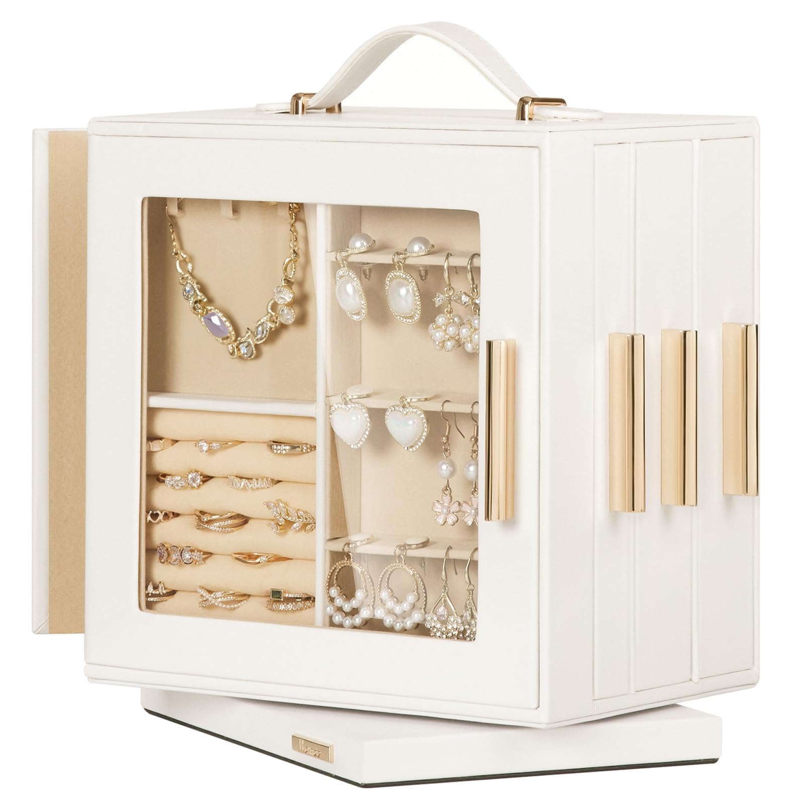 Homde Jewelry Box 360 Rotating Necklace Earring Organizer with Transparent Window Mirror 7 Drawers Large Ring Display Storage
