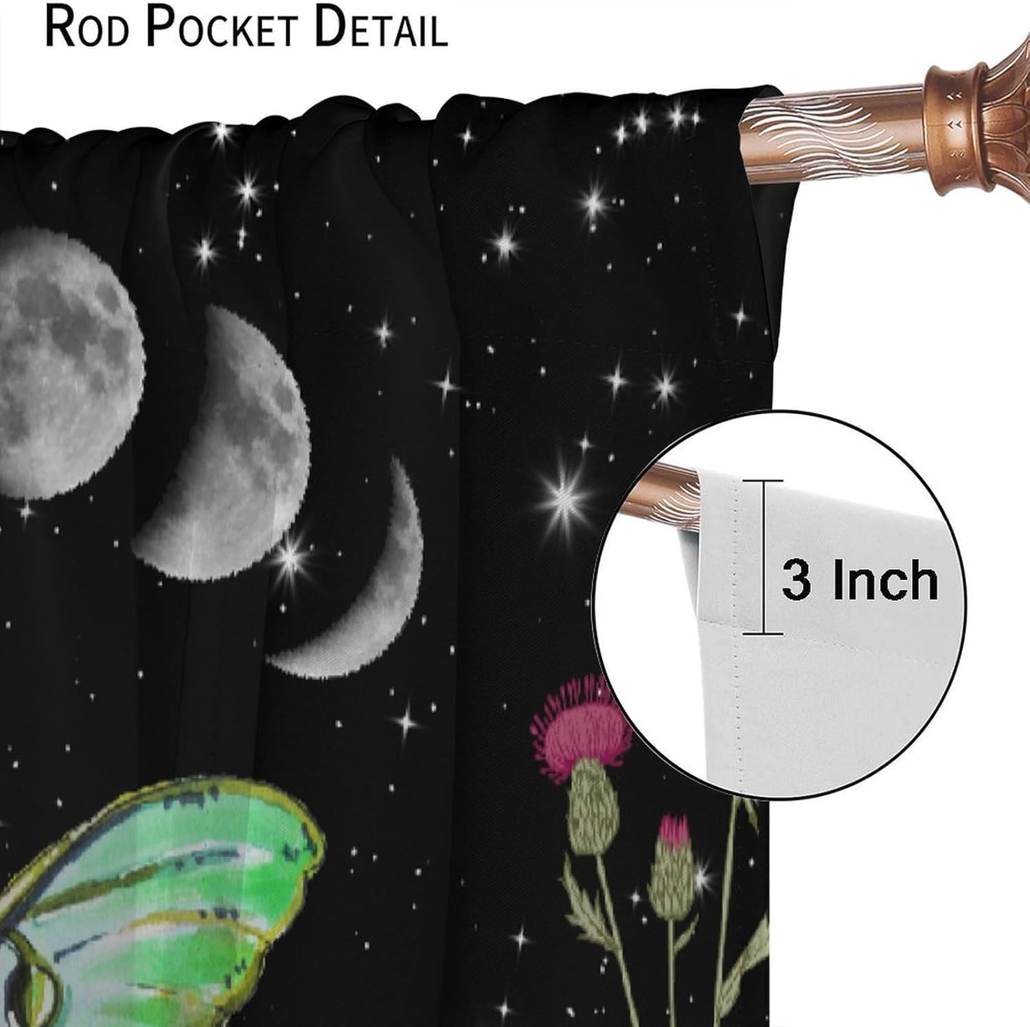Floral Moth Curtains, Gothic Witchy Moon Phase Botanical Blackout Window Drapes, Vintage Wildflower Plant Black Starry Sky Print Window Treatments for Living Room Bedroom Kitchen 42x45 Inch