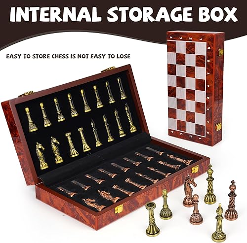 Miniatura 4 de Juego de ajedrez de metal vintage para adultos y niños, tablero de ajedrez plegable de mármol con almacenamiento, elegante juego de ajedrez de viaje