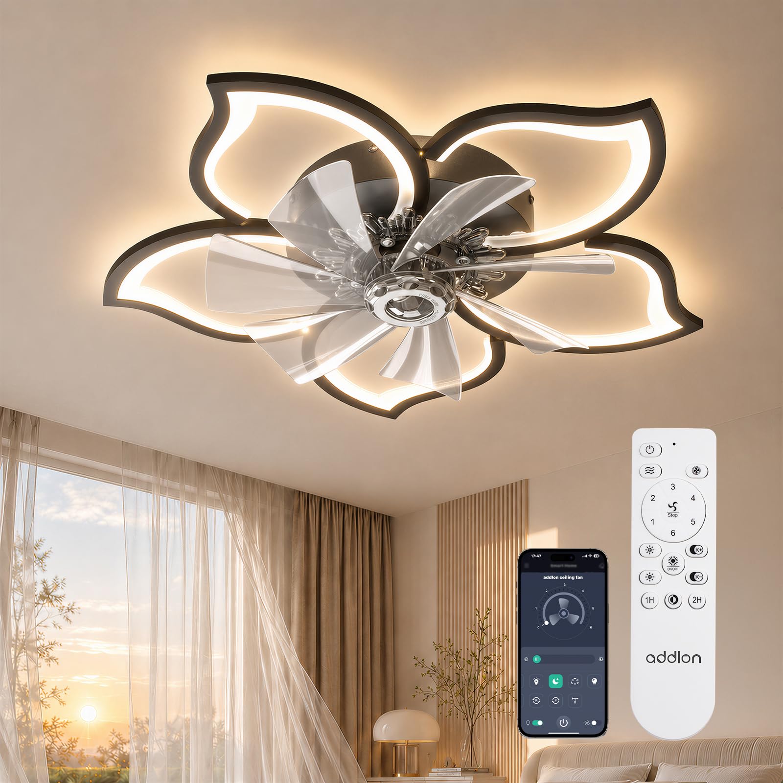 addlon 27'' Flower Low Profile Ceiling Fans with Lights and Remote, Black