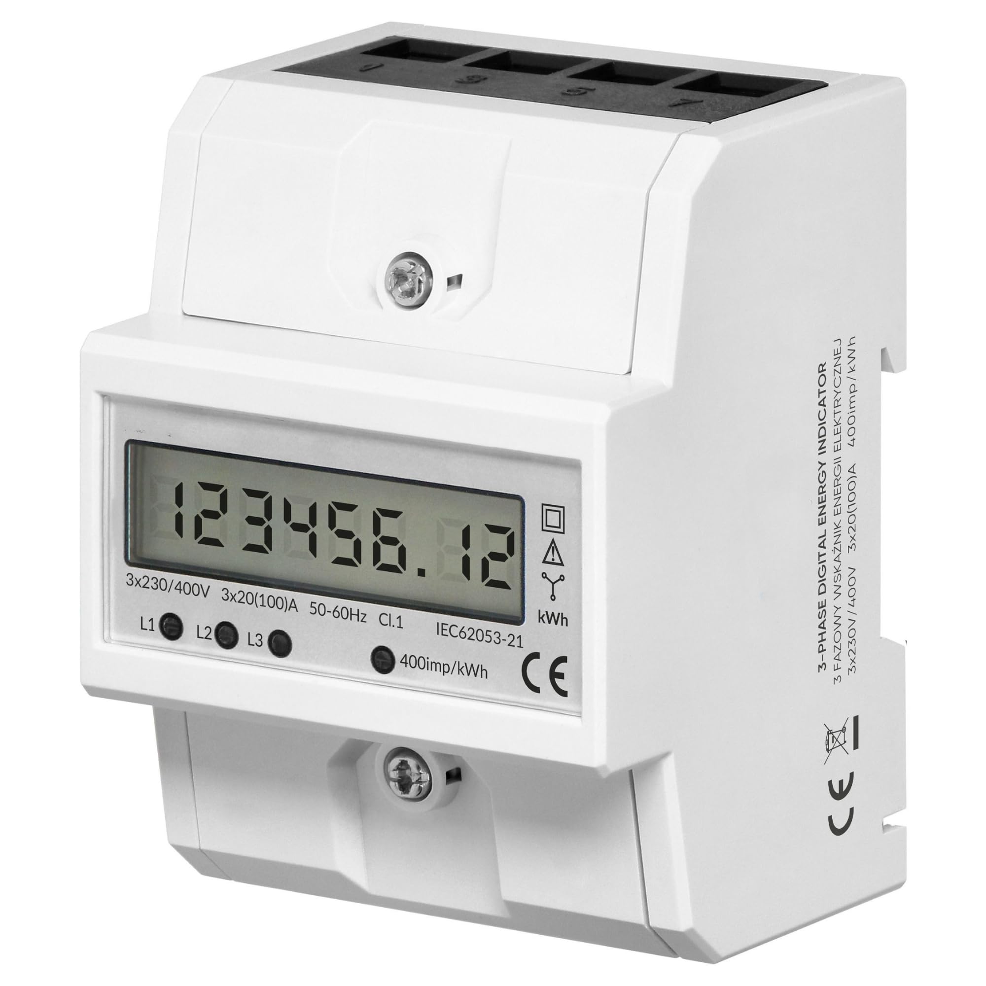 Indicador Medidor de Energia Trifasico 3x230/400 V - 100A Medidor De Consumo Electrico Montaje Carril DIN TH-35mm, Protección IP51