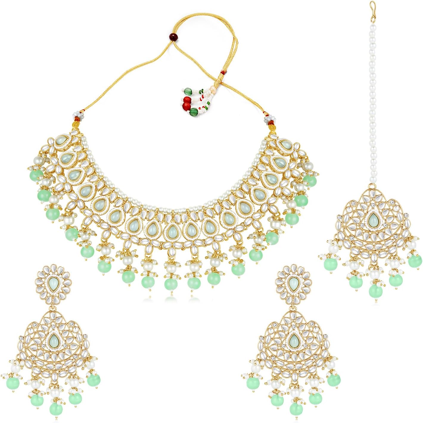 Aheli Silver Plated Kundan & Mint Beads Studded Choker Necklace Dangle Earrings & Maangtikka Set Ethnic Jewellery Gift for Women
