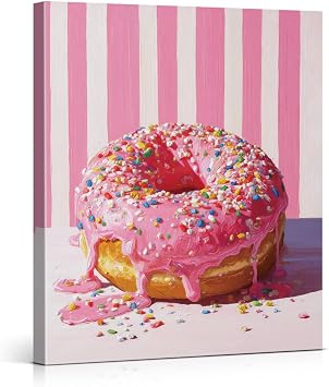 Pink Donut Kitchen Wall Art Print Vintage Donut Striped Poster Painting Pink Wall Decor for Kitchen Dining Room Cafe Bakery 8x10 Canvas Framed