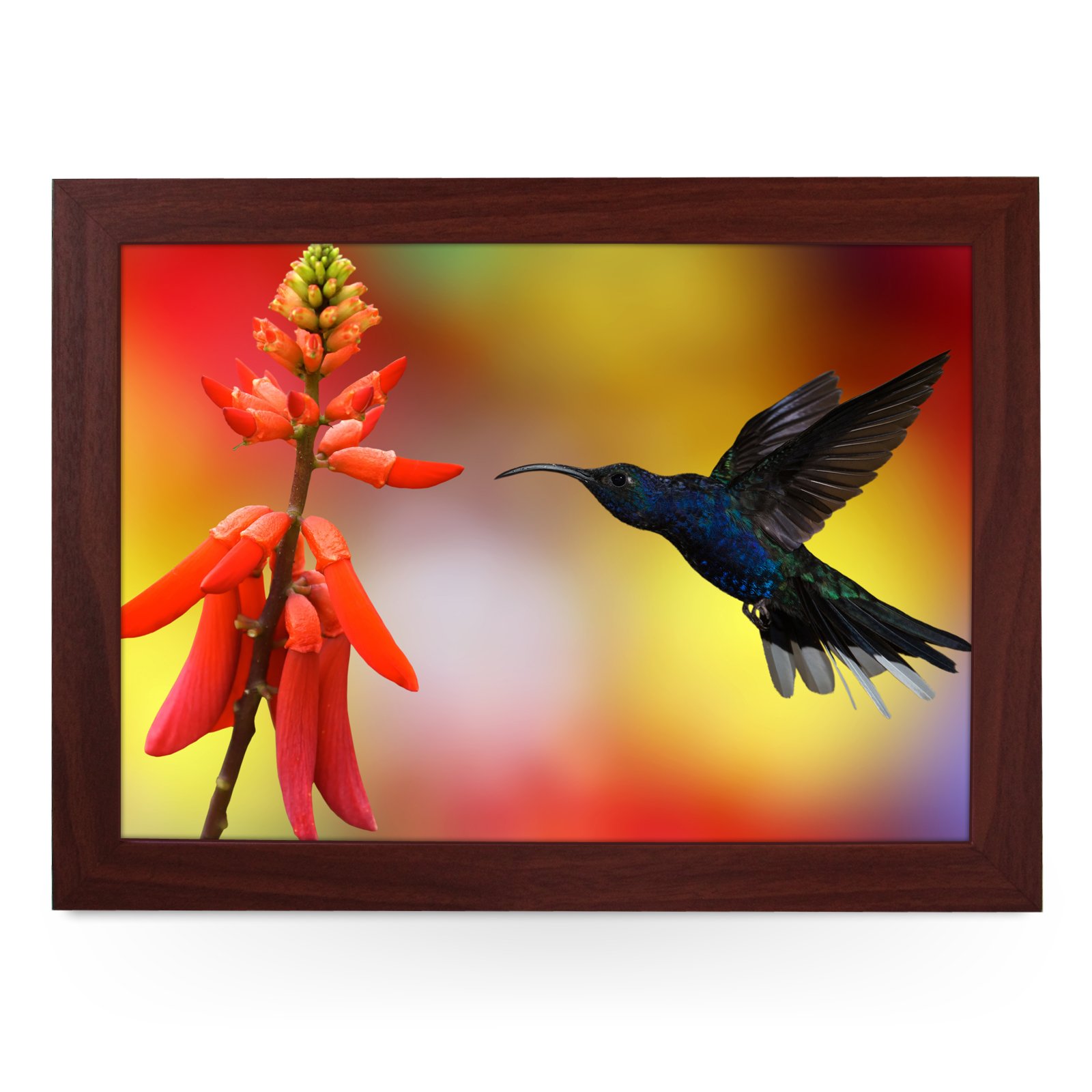 Portable Lap Desk Tray (Hummingbird with Flower) Handmade Wooden Frame, Beanbag Cushioned Bottom | Computers, Laptops, Meals, Food | L0091 Brown