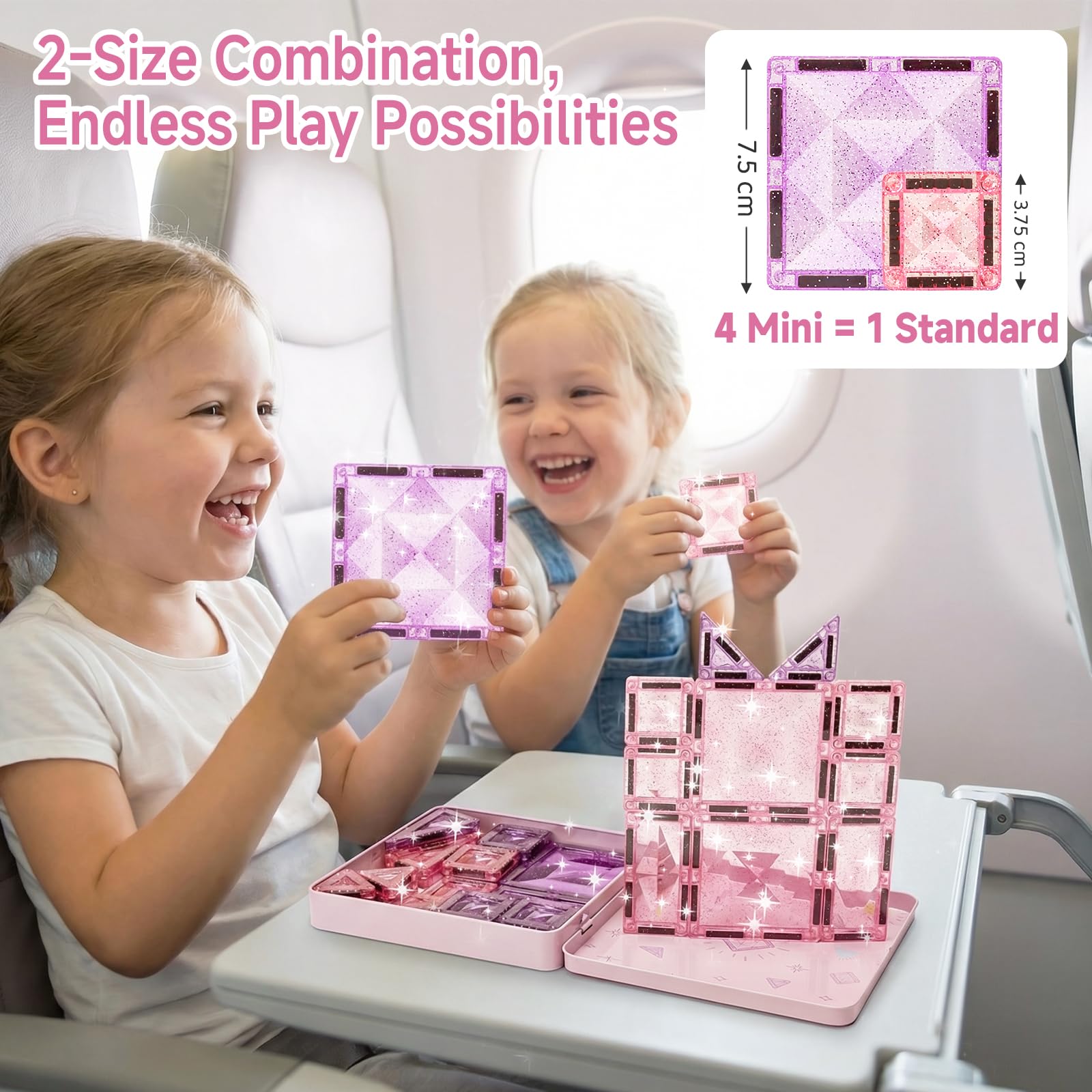 Magnetische Bausteine Reisespielzeug für Mädchen: 42 Teile Glitzer Diamant Magnetische Tiles in Metallbox für Auto, Flugzeug & Zug – 90 Minuten Beschäftigung, 45s Aufräumen – Geschenk ab 3-6 Jahren
