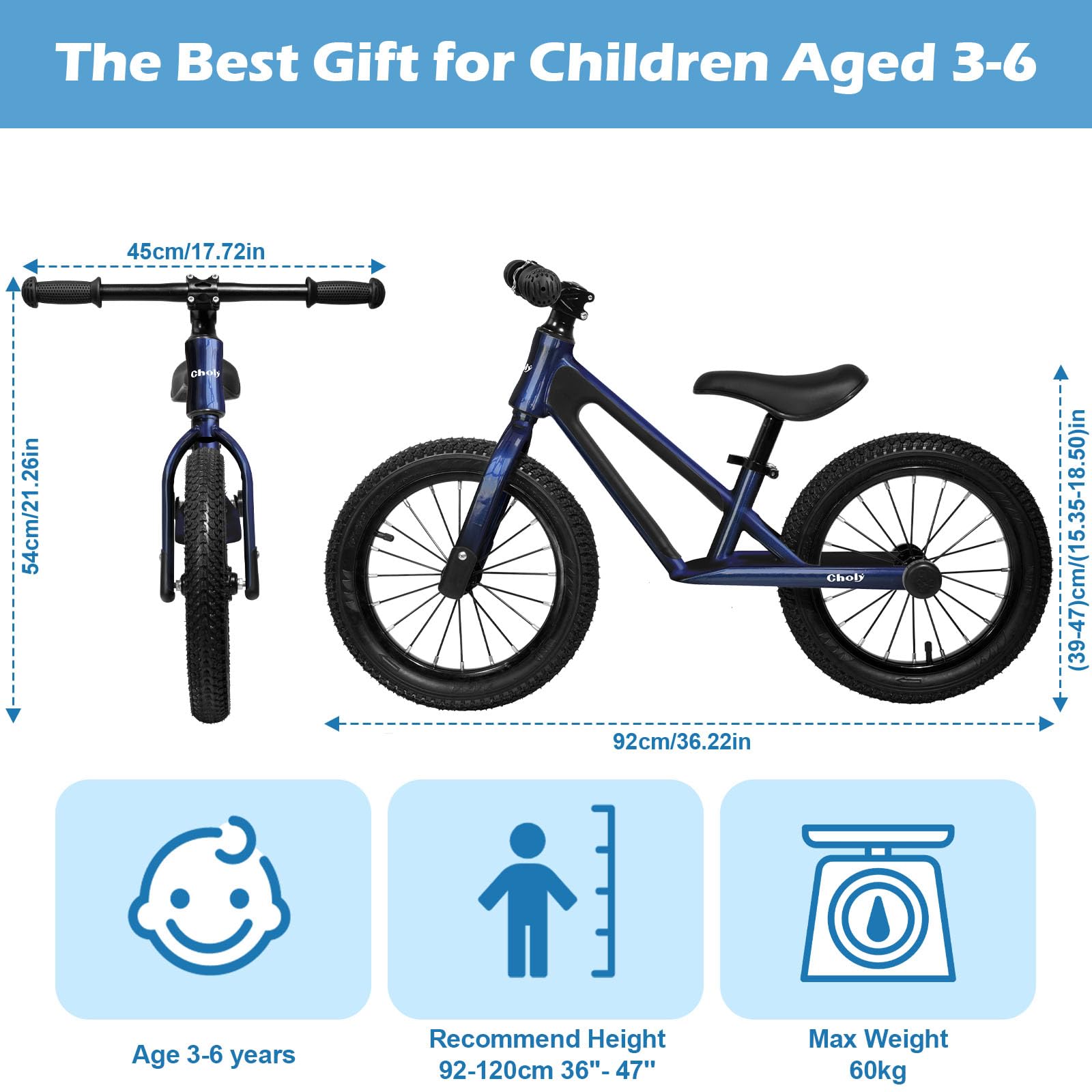 CHOLY Bicicletta da 14 pollici per bambini dai 3 ai 6 anni, senza pedali per bambini con sedile regolabile, pneumatici e telaio in lega di magnesio, bicicletta da allenamento leggera per bambini