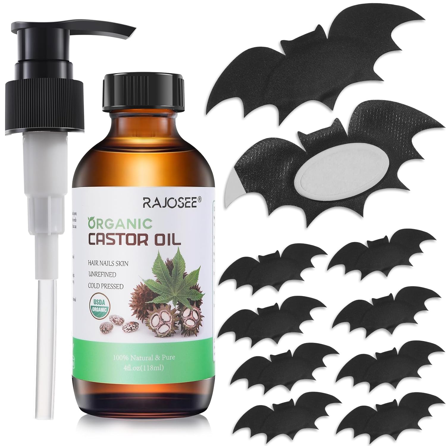 30Pcs Castor Oil Pack for Belly Button Set, Black Bat Shape Self-Adhesive Patches with 4oz Organic in Glass Bottle, Breathable Cotton Pads for Wellness