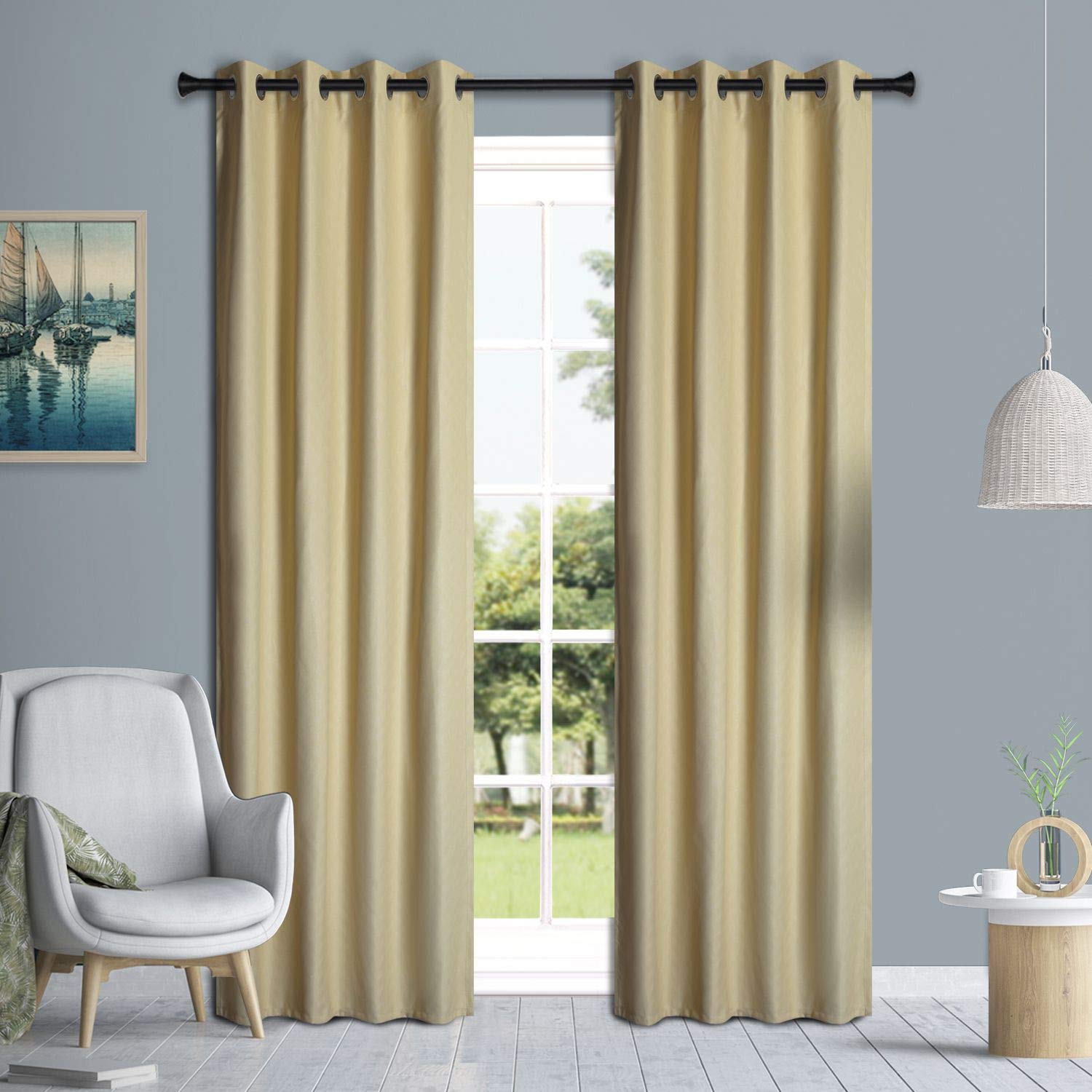 Blackout Curtains Thick Thermal Eyelet Ring Top Pair of Curtains Embossed Texture (Beige, 66 x 90 Inch) — image 1