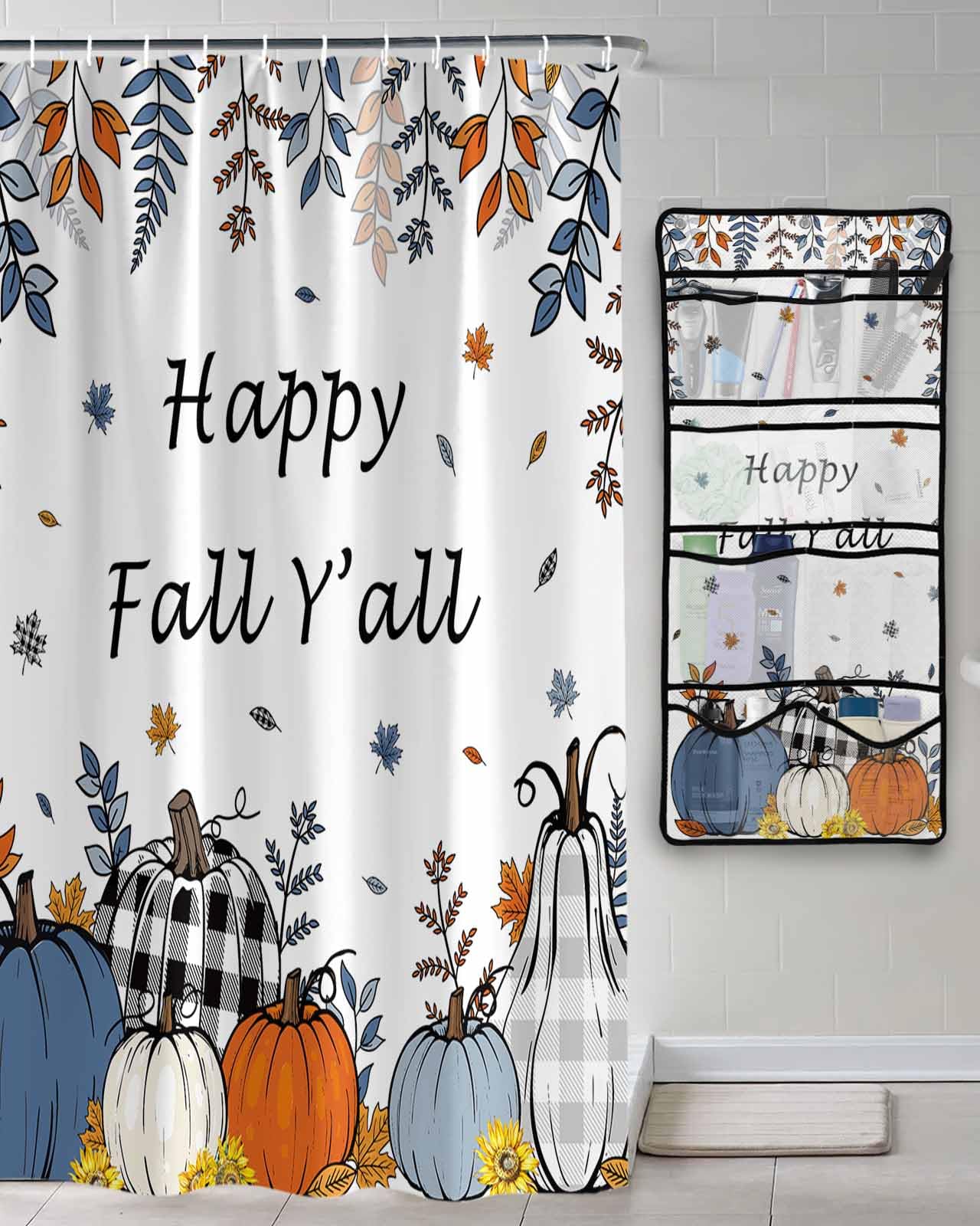 Decorative Shower Curtain Sets Fall Blue Pumpkin Fabric Waterproof Shower Curtains Thanksgiving Sunflowers Maple Leaf White Mesh Shower