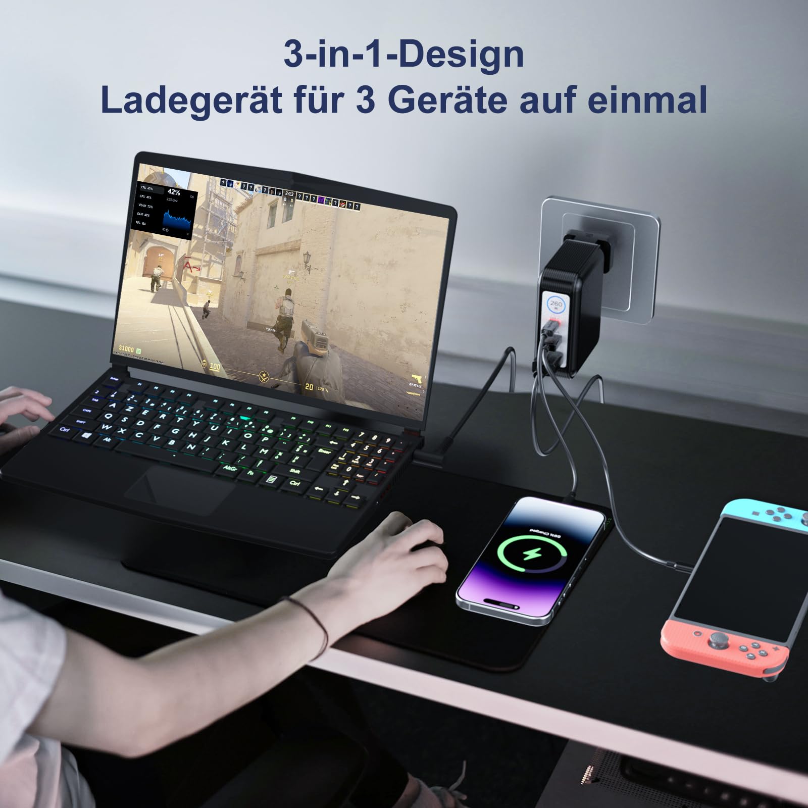 Caricatore portatile da 260W (20V/13A) portatile GaN pieghevole per laptop da gioco, PD 3.0 con cavo da 45-30 mm, compatibile con HP Omen Transcend 16/Victus by Gaming Laptop 16t