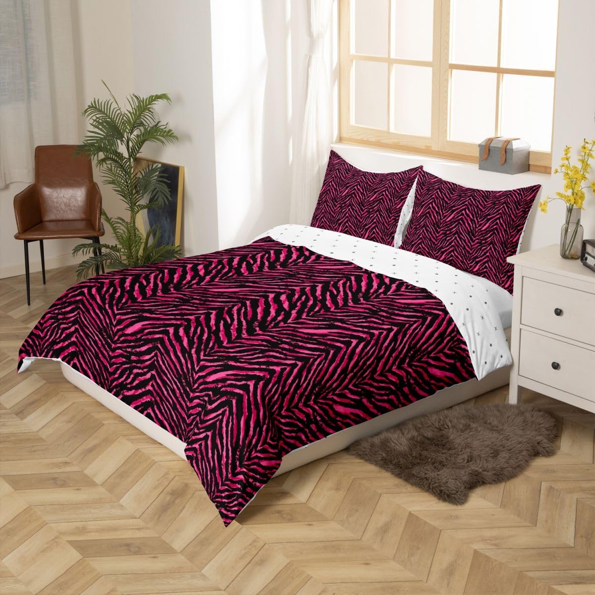 Castle Fairy Pink Zebra Skin Bedding Set Twin Size Africa Wildlife Duvet Cover Black Grey Animals Fur Comforter Cover 2pcs for Kids Girls Women Bedroom Decor Romantic Stripes Quilt Cover,1 Pillowcase