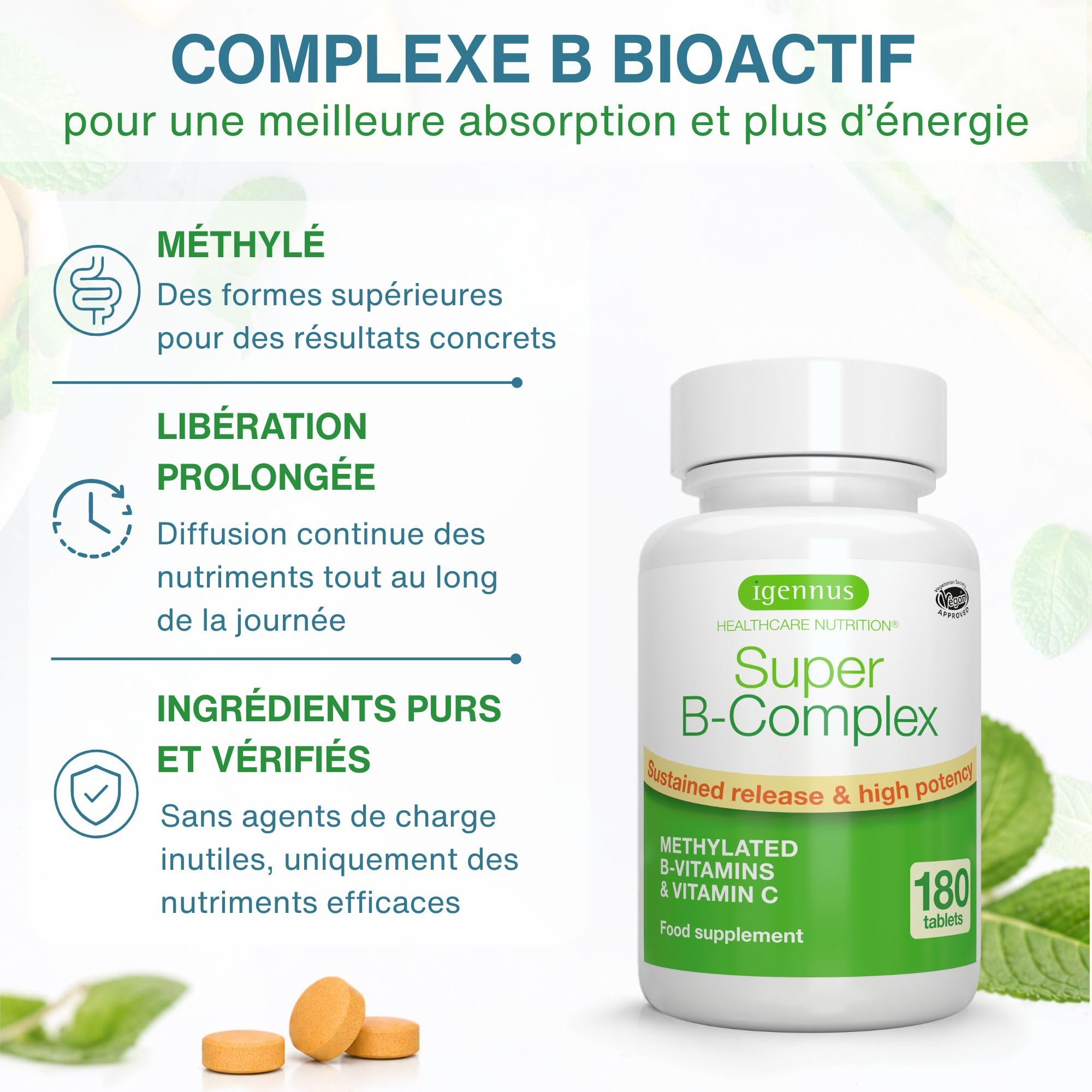 Igennus Super B-Complex à Haute Absorption avec Vitamines B Méthylées et Vitamine C, Liberation Prolongée, Ingredients Purs et Vérifié en Laboratoire, 180 Petits Comprimés, Vegan
