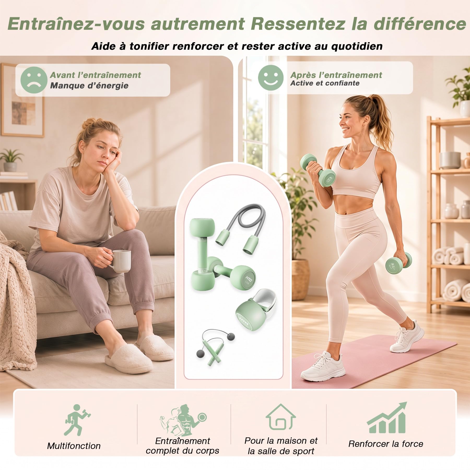 HTQ Home-Fitness-Set für Damen, verstellbare Hantelscheiben, Kettlebell, Widerstandsband