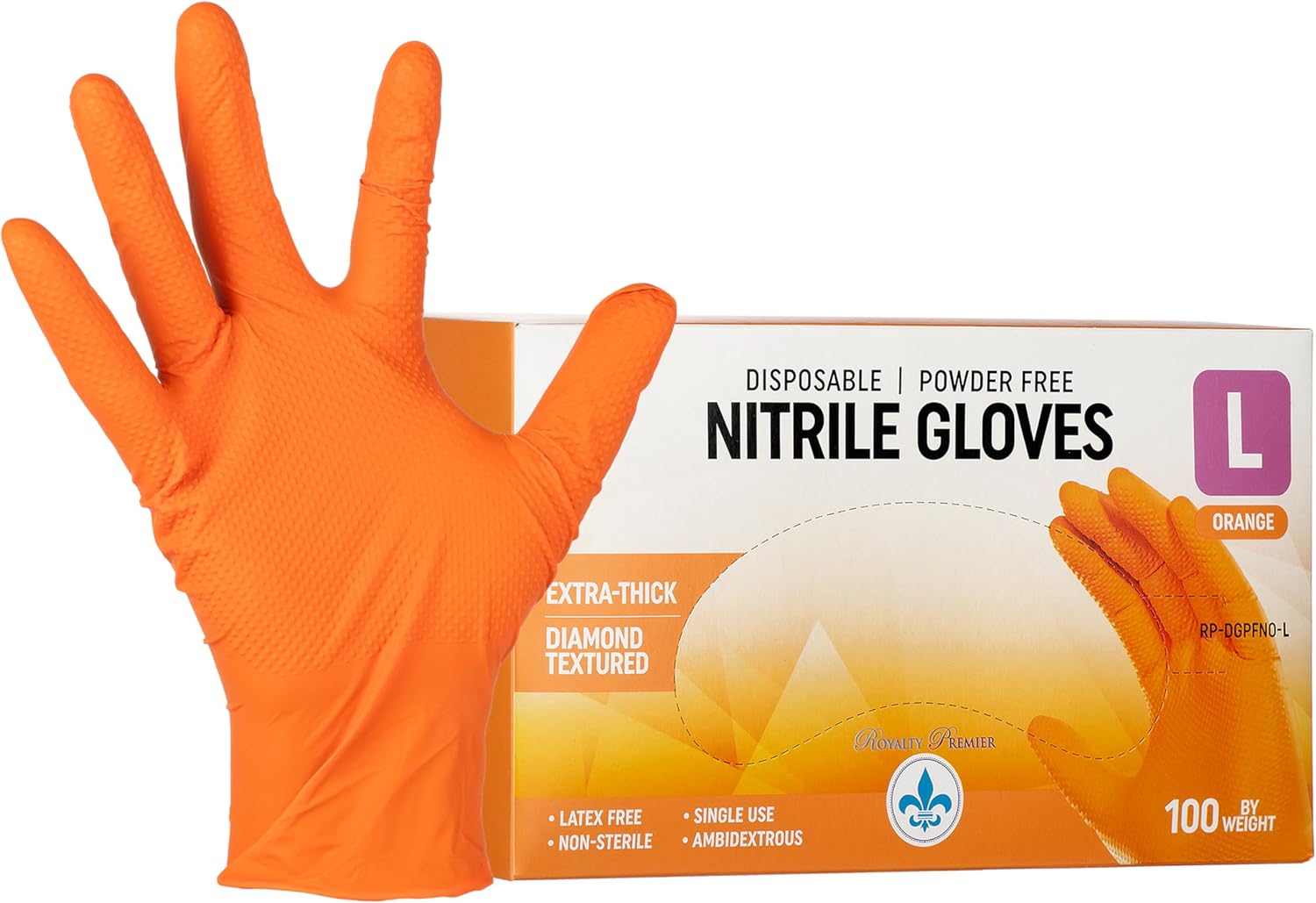 8 Mil Disposable Orange Nitrile Rubber Gloves. Heavy Duty, Food Safe, Mechanic, Cleaning. Diamond Texture.