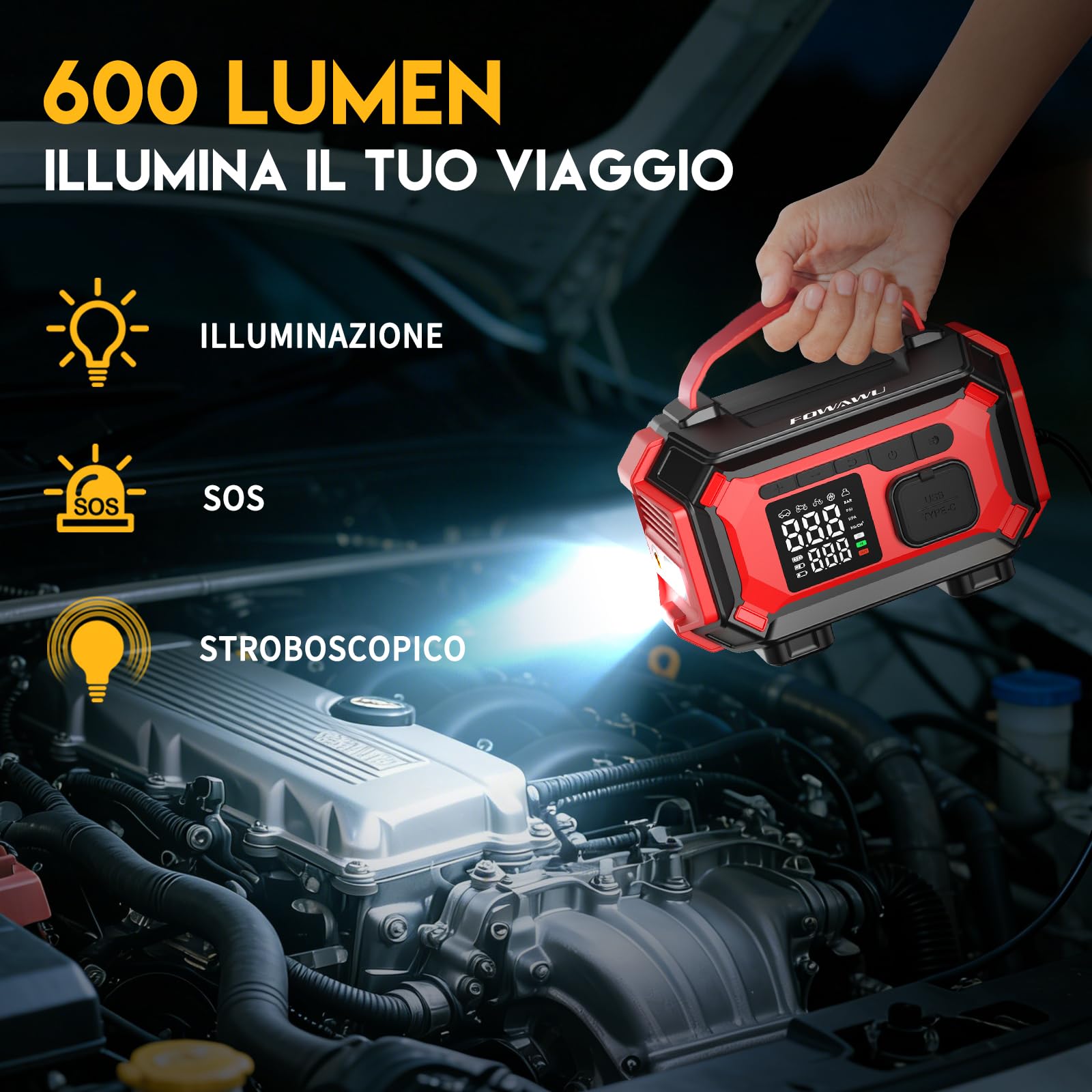 FOWAWU Avviatore Batteria Auto 8000A, Avviatore di Emergenza per Tutti i Benzina e 10L Diesel, con Compressore Aria Portatile 150PSI ad Arresto Automatico, Schermo LCD Grande, Power Bank e Torcia LED