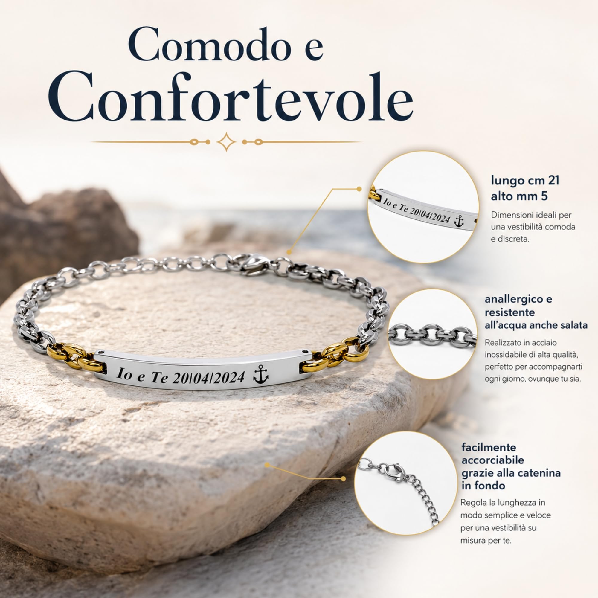Bracciale Uomo Personalizzato in Acciaio Inox Maglia Marina con Incisione | Braccialetto Maschile Elegante Regolabile | Gioiello Personalizzabile Idea Regalo per Lui bcc3113