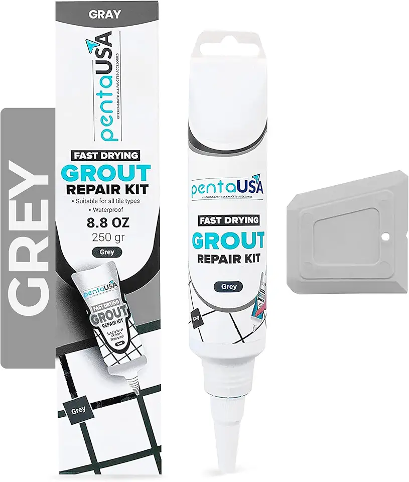 PentaUSA Tile Grout Repair Kit - Grey Grout Filler, Triple Protection, Fast Drying Formula Restores and Renews Joint Lines with Grout Float (Grey, 8.8oz / 250gr)