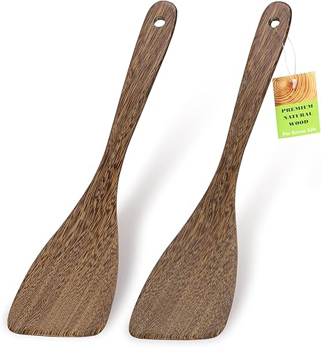 2 espátulas de madera, espátulas planas de madera de 12.8 pulgadas, espátulas de madera de mango largo para utensilios de cocina antiadherentes,