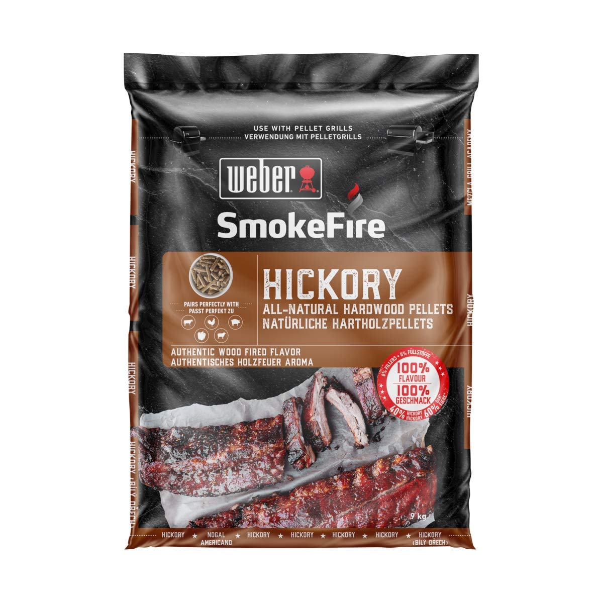 Weber Wood Pellets - Hickory Wood (9kg), perfect for smoking beef, 100% natural wood pellets (190102)