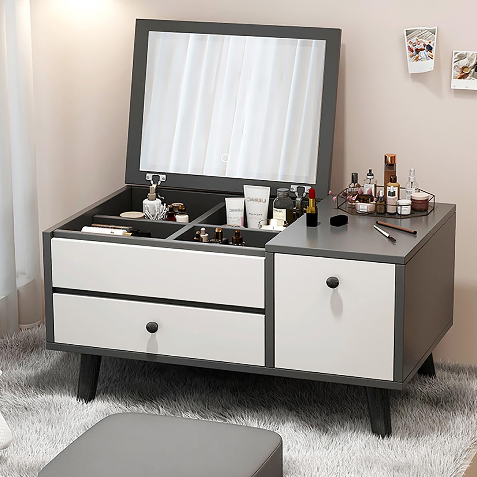 CGCSYZ Chic White Vanity Table with Window, Makeup Desk with Drawers & Cushioned Stool, HD Mirror Dressing Table for Bedroom, Stylish Makeup Station (Grau)