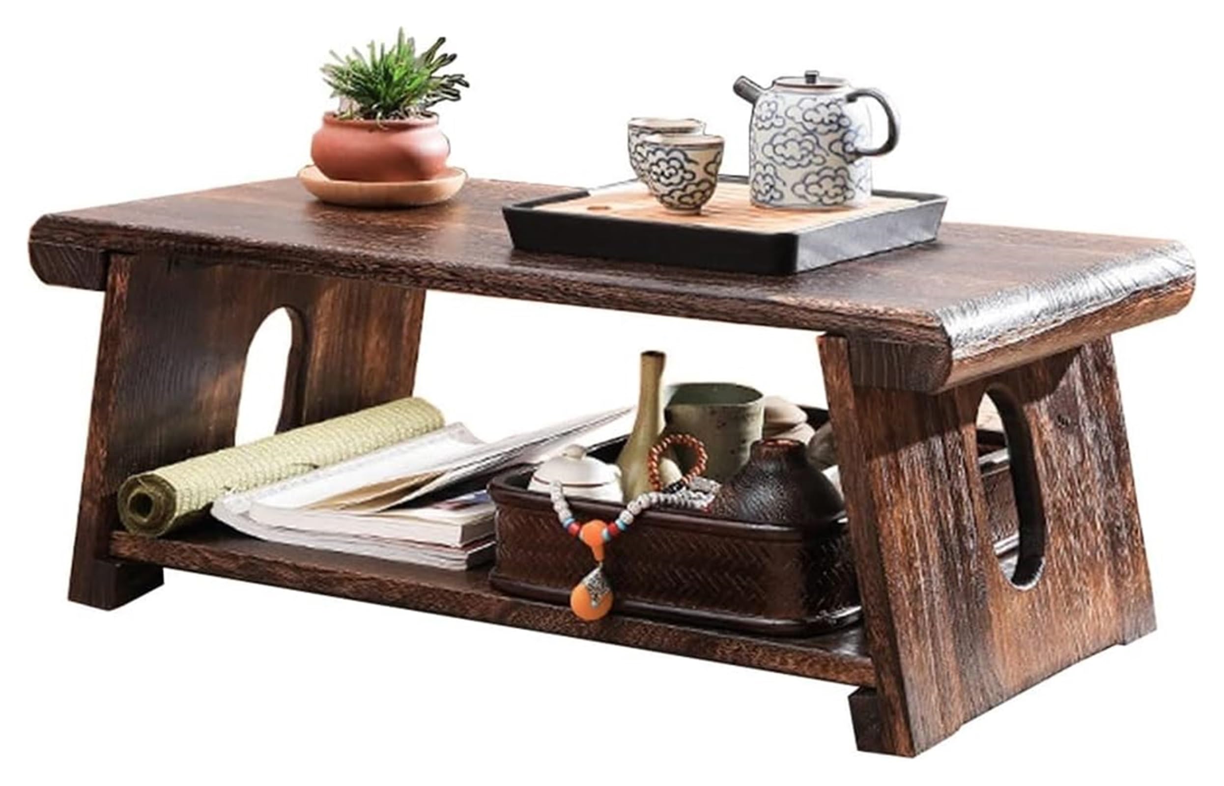 Table basse japonaise vintage à deux niveaux en bois de style tatami