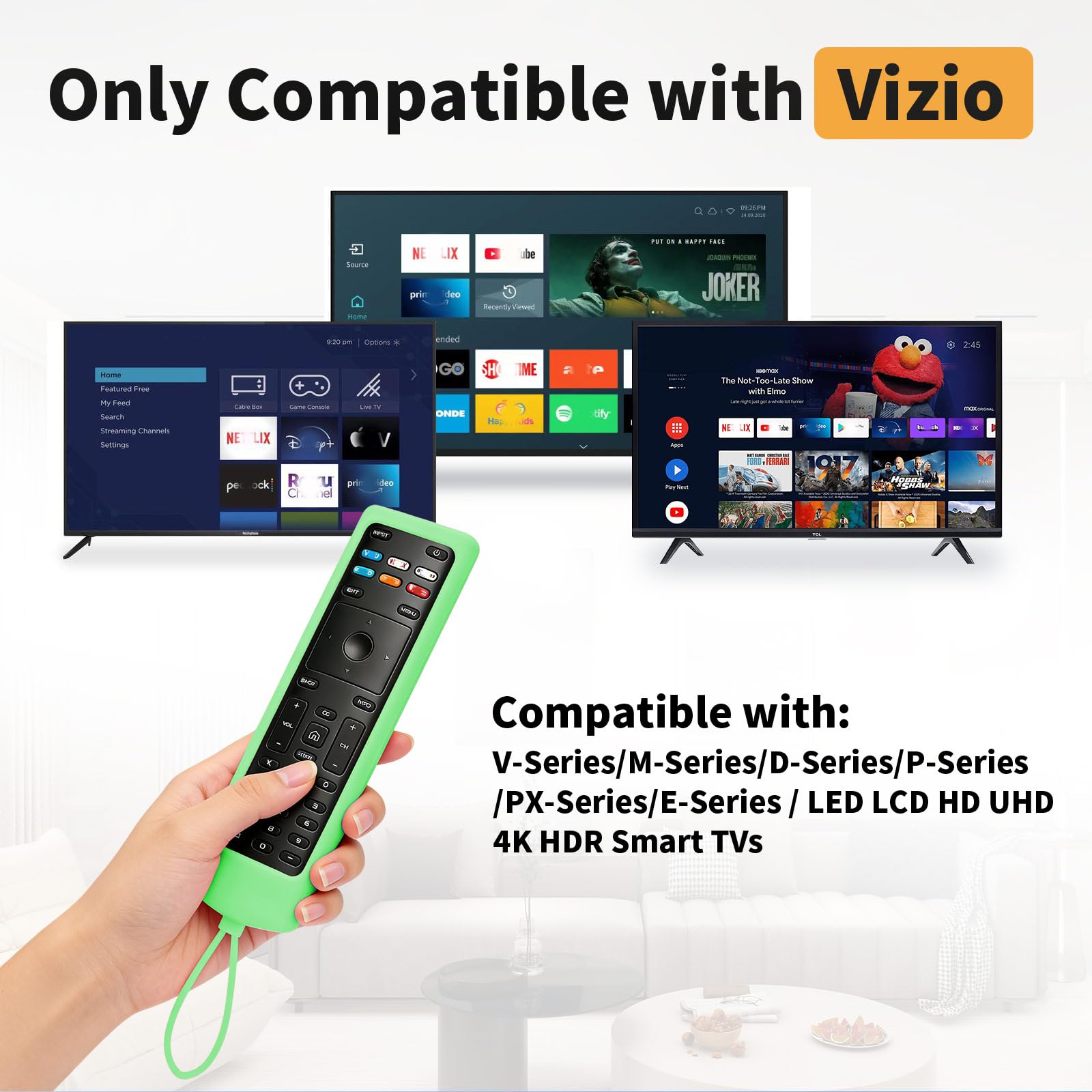 Zamienny pilot zdalnego sterowania pasuje do pilota Vizio Smart TV z zabezpieczeniem przed zgubieniem, miękkim świecącym silikonowym pokrowcem i haczykiem montażowym, uniwersalny do wszystkich