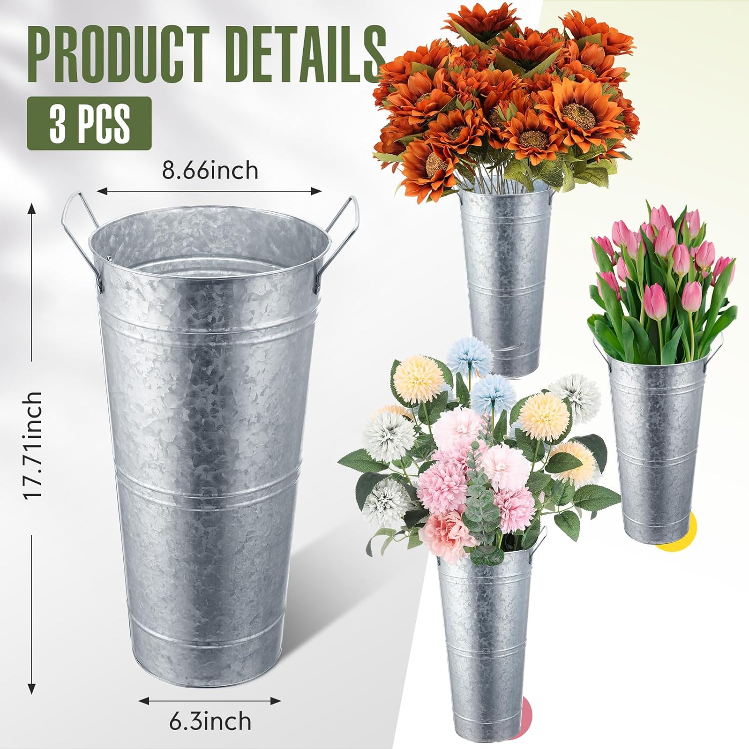 Chumia 3 Pcs 17.7" Wedding Galvanized Flower Bucket for Flower Bar Farmhouse French Bucket Vase with Handles for Dried Floral Table Arrangements Vintage Home(Silver)