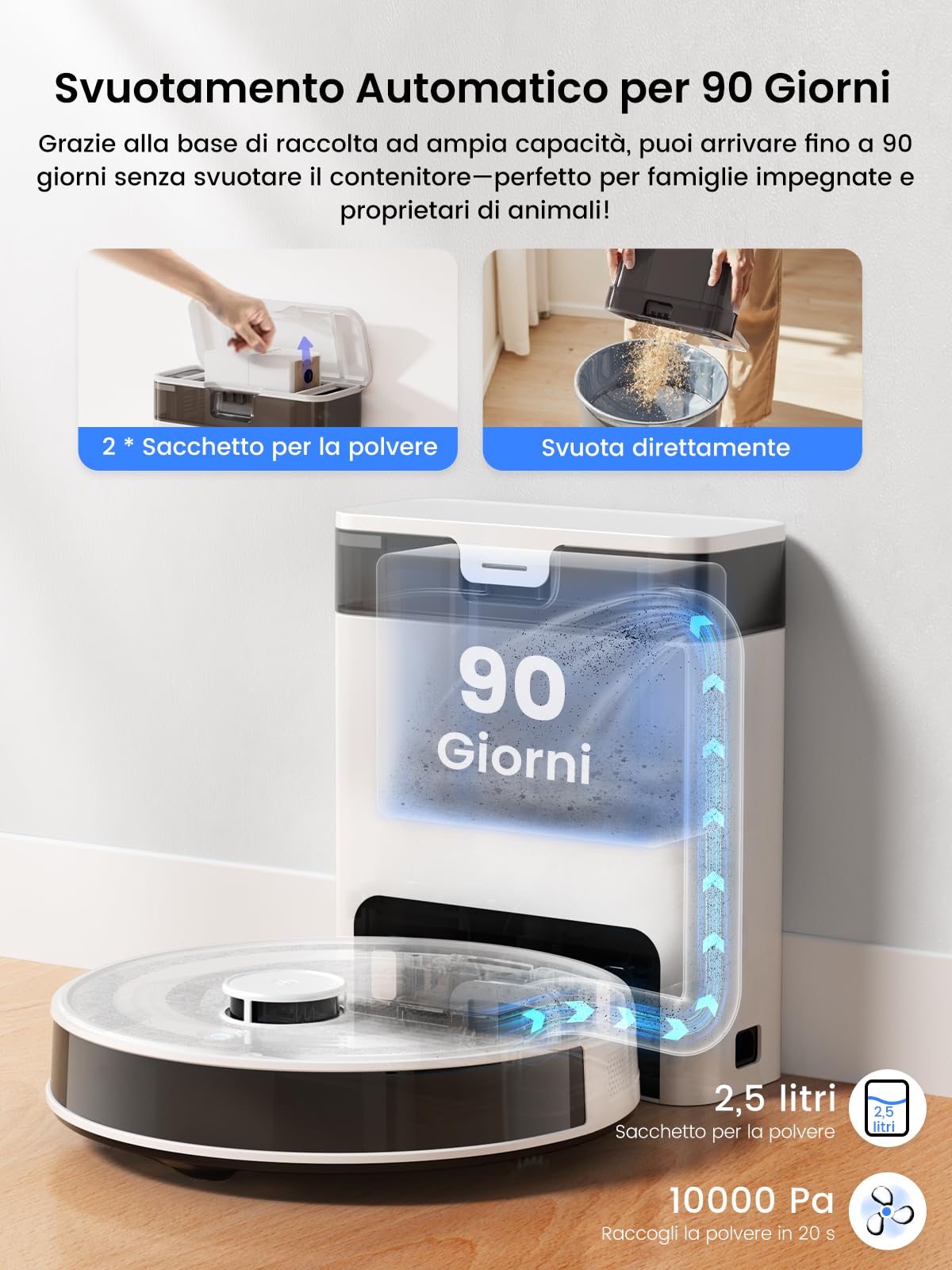 LEFANT M2S Pro Robot Aspirapolvere Lavapavimenti Con Mappatura, 10000Pa, 240 Minuti, Navigazione Laser dToF, Evitamento Ostacoli PSD, Controllo APP/Alexa, Pulizia Personalizzata, Bianco