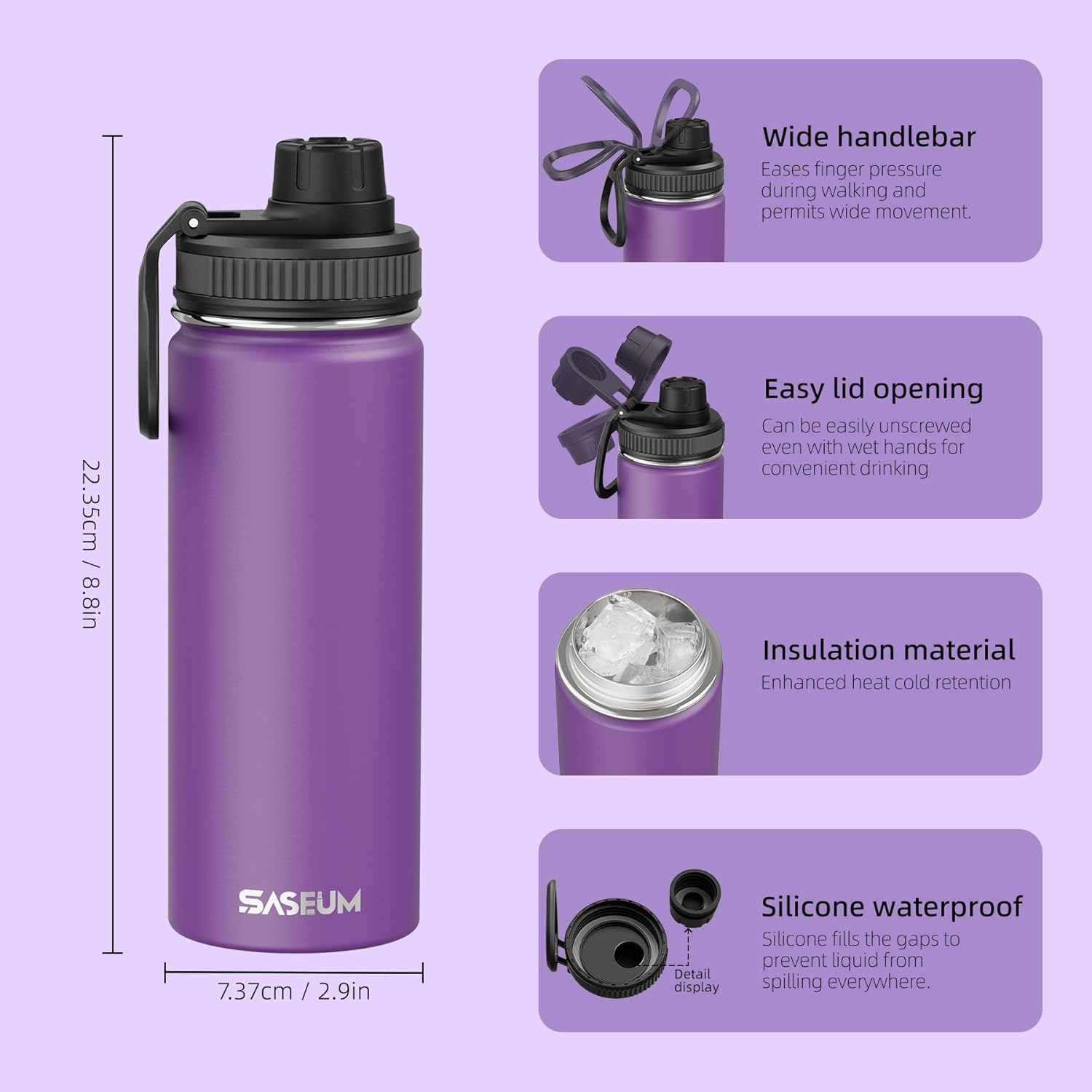 SASEUM Sport Water Bottle 18oz Stainless Steel Double Wall Vacuum Thermal Mug with Leak Proof Spout Lids, Wide Mouth Metal Insulated Water Jug for Gym and Travel（Purple） - Image 2