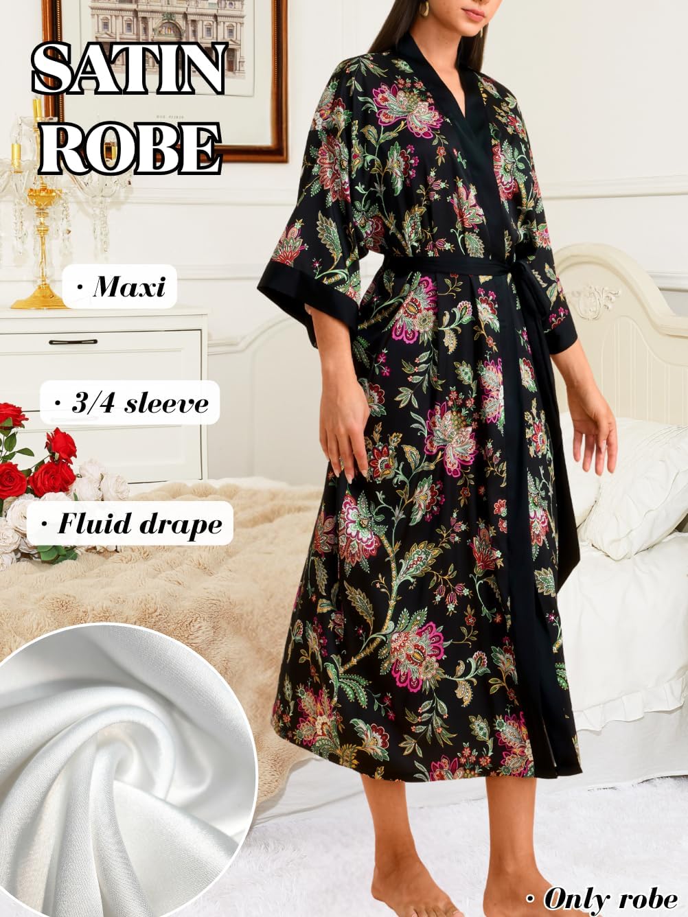 Women's Fancy Print Satin Kimono Robe, Soft Silky Lightweight, Long Wedding Bridesmaid Robes Fits Sizes 0-12