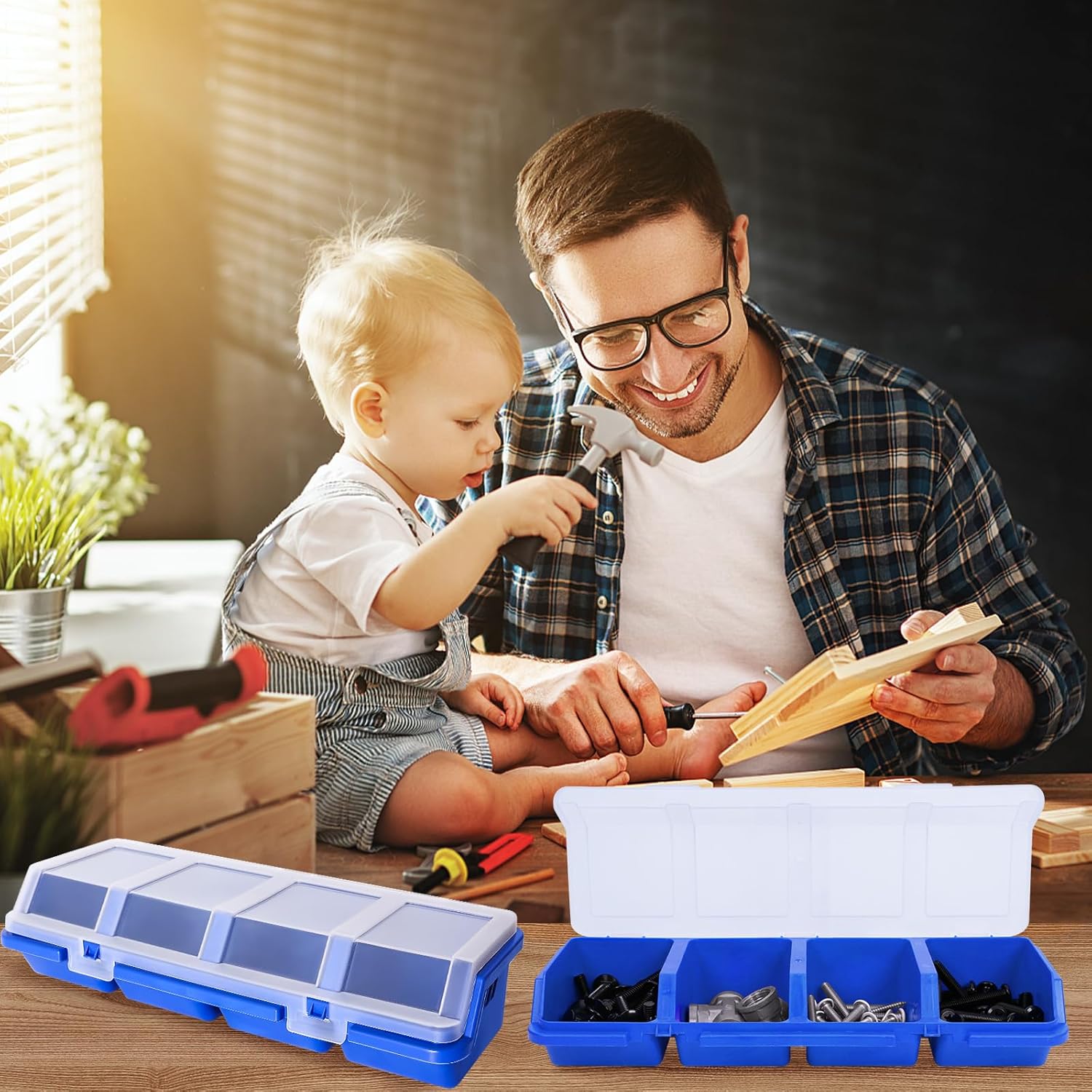 4 Pcs Screw Organizers, Stackable Bins with Lids Plastic Hardware Organizer Box with Compartment Bolt Organizer Plastic Divided Storage Containers for Garage Tools Nails Small Parts(Blue and Red)