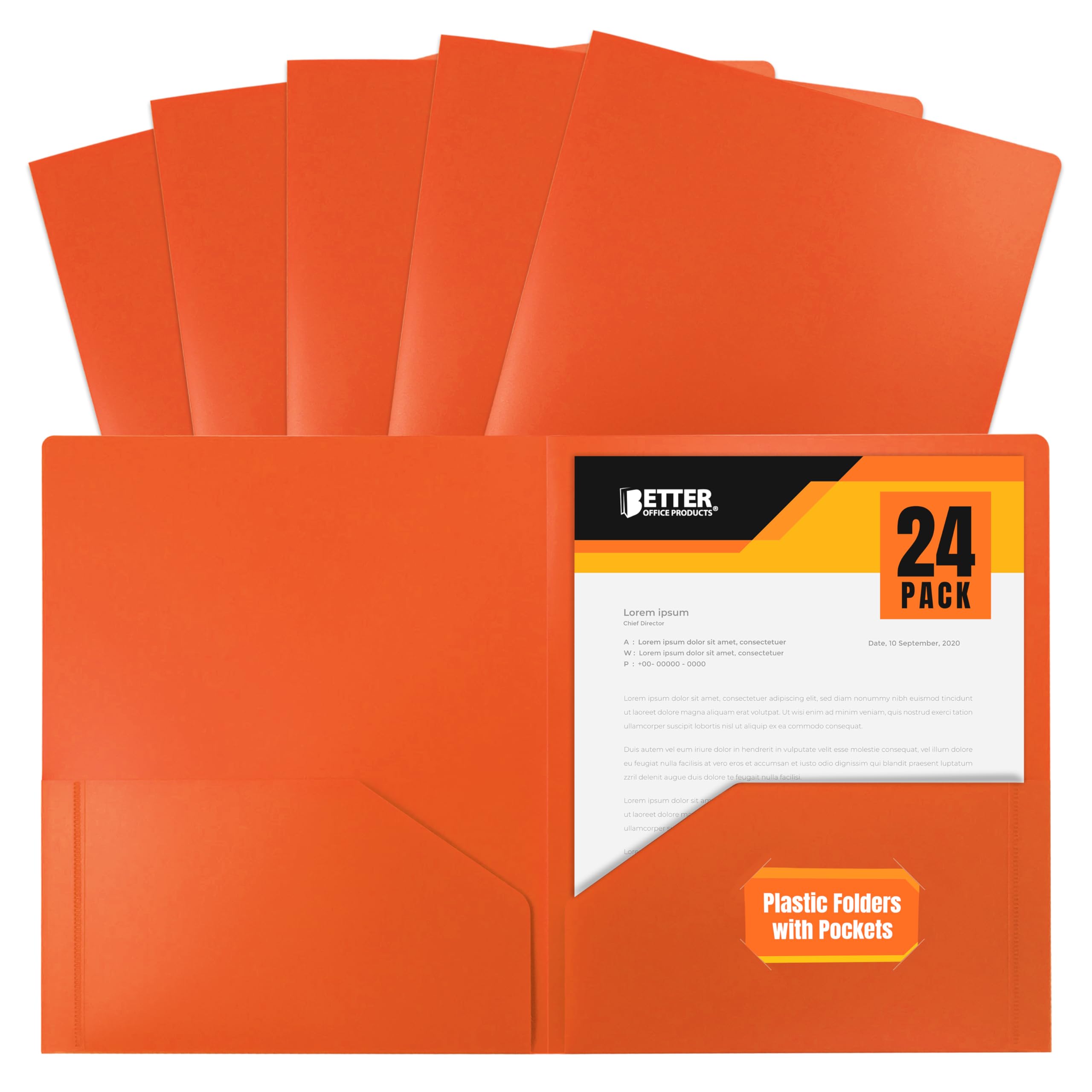 Better Office Products Heavyweight Plastic 2 Pocket Portfolio Folder, Letter Size Poly Folders 24 Pack (Orange)