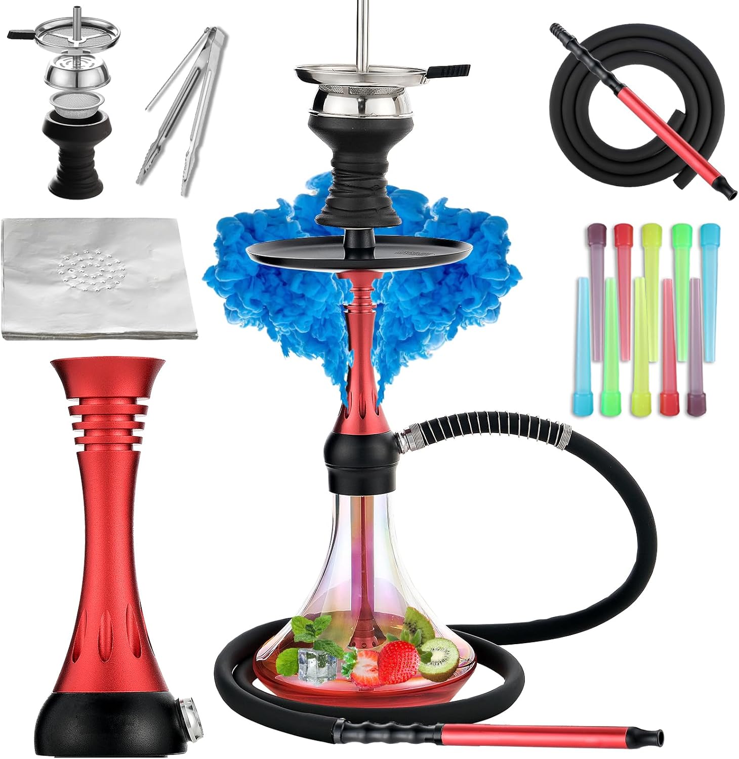 Hookah Set with Everything,19" Shisha Hookah Set with Glass Vase,Modern Portable Glass Hookah Set with Hookah tips,Hookah hose,Hookah Ceramic Bowl.(Red）