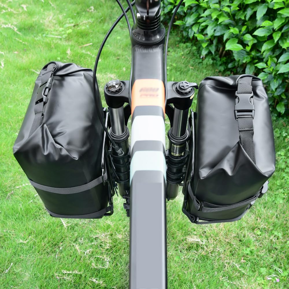 Kavolet Lot de 2 sacoches de fourche de vélo de 10 l - Étanche - Avec ouverture par rouleau - Sacoche de vélo avant pour porte-bagages - Sacs de vélo portables pour VTT et vélos de route