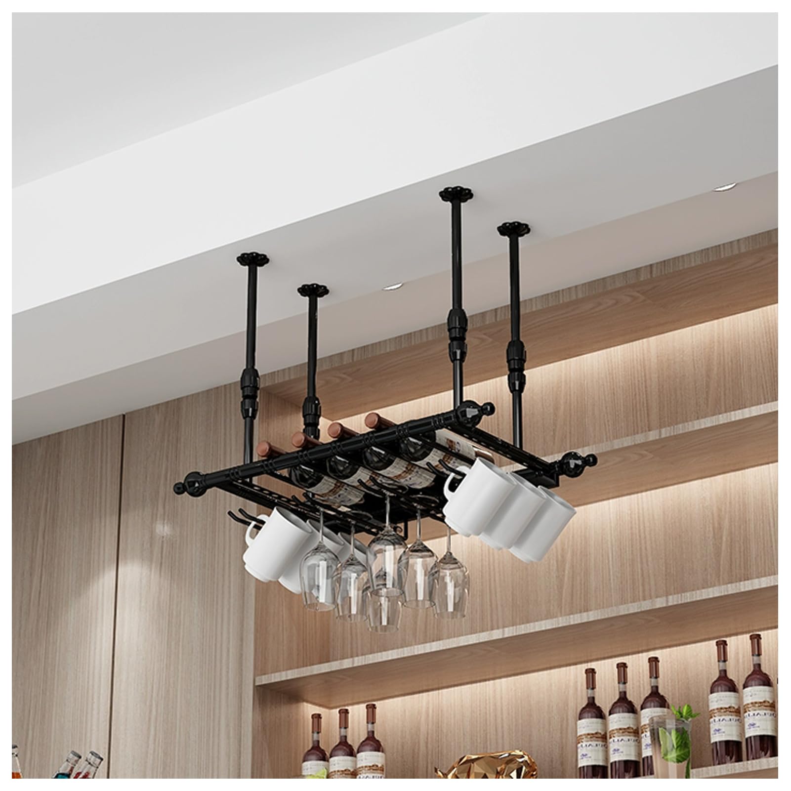 Estante industrial para copas de vino montado en la pared, soporte de metal ajustable para el hogar, bar y cocina, elegante estante de vino de hierro (negro, 60 x 30 cm)