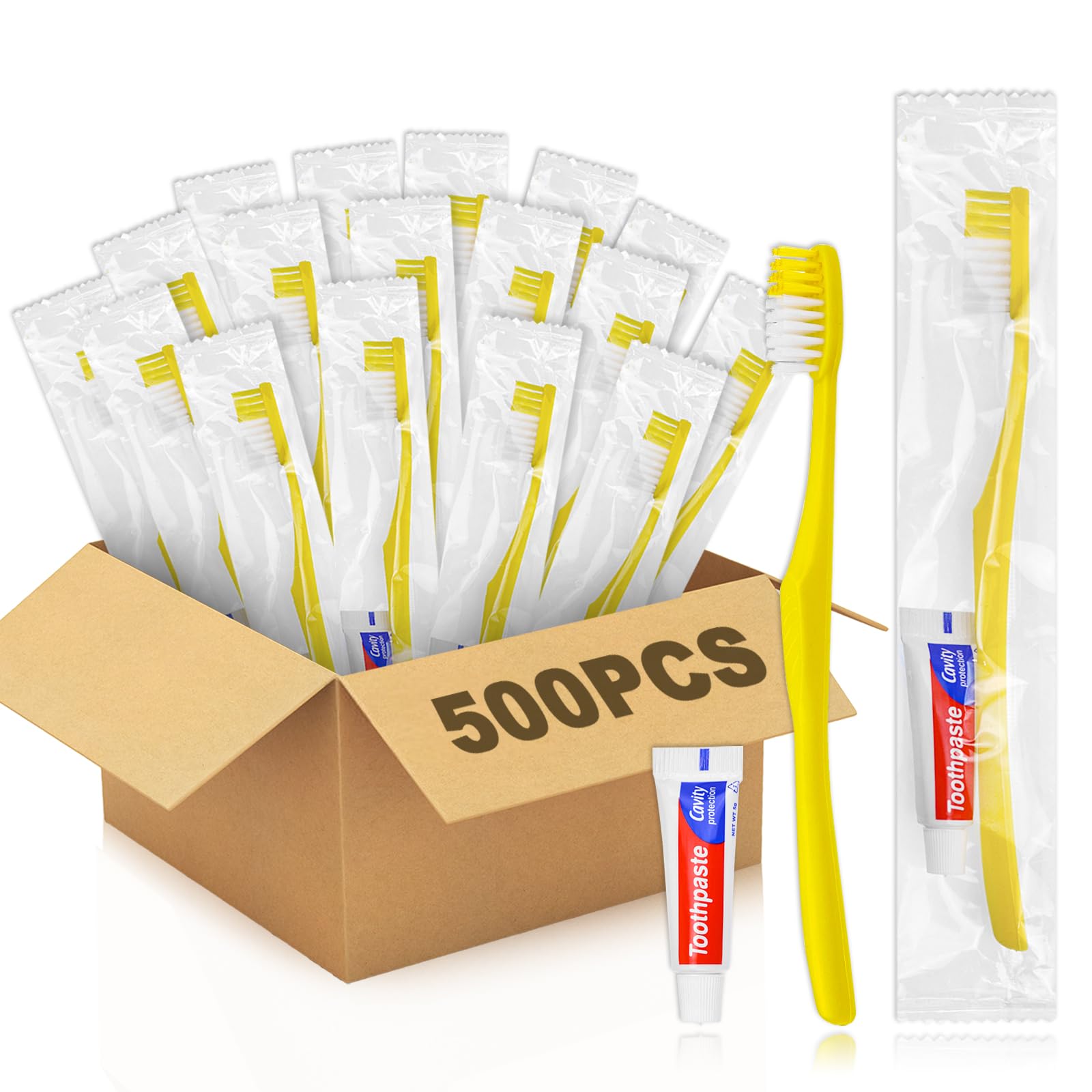 Juego de 500 cepillos de dientes de hotel, juego de cepillos de dientes de viaje huecos amarillos envueltos individualmente, cepillos de dientes desechables y pasta de dientes para hotel, sin hogar,