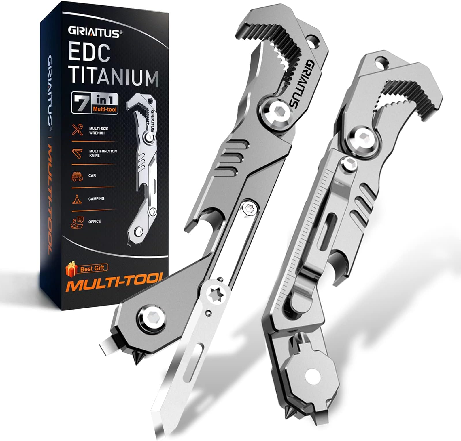 EDC Multi-Tool 7 in 1 with Knife, Wrench, Folding Knife, Screwdriver, Bottle Opener, Ruler, Emergency Window Breaker, Seat Belt Cutter for Men's Gift EDC Pocket Multi-Tool (Bright Silver)
