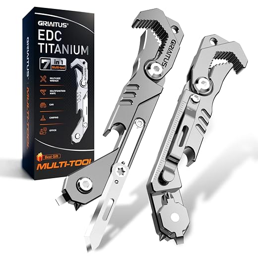 EDC Multitool 7 in 1 with knife, Wrench, Folding Knife, Screwdriver | Bottle Opene, Ruler, Urgent Car Window Breaker and Seatbelt Cutter, EDC Pocket Multi Tool for Gifts for Men (Bright silver)