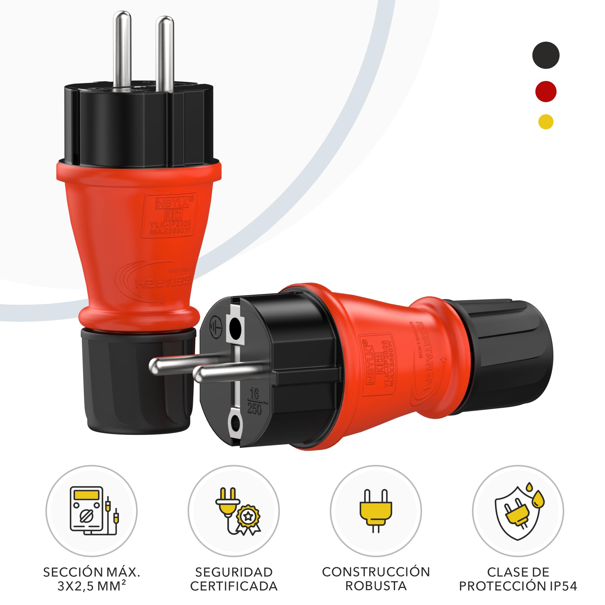 RedStar24 Enchufe Schuko 230V IP54 Set de 4 Conectores de protección robustos de goma y plástico, negro rojo | Diseño herméticamente sellado | Perfecto para exteriores | Conector eléctrico de 3 polos