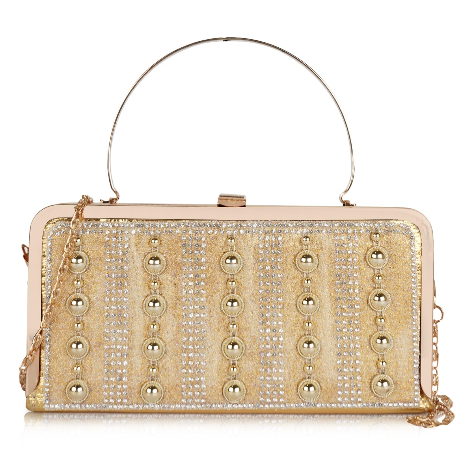 lancer Premium Golden Party Clutch for Women – Crystal Studded Evening Handbag with Metal Handle & Sling Chain | Multi-Compartment Bridal Clutch-picture-30