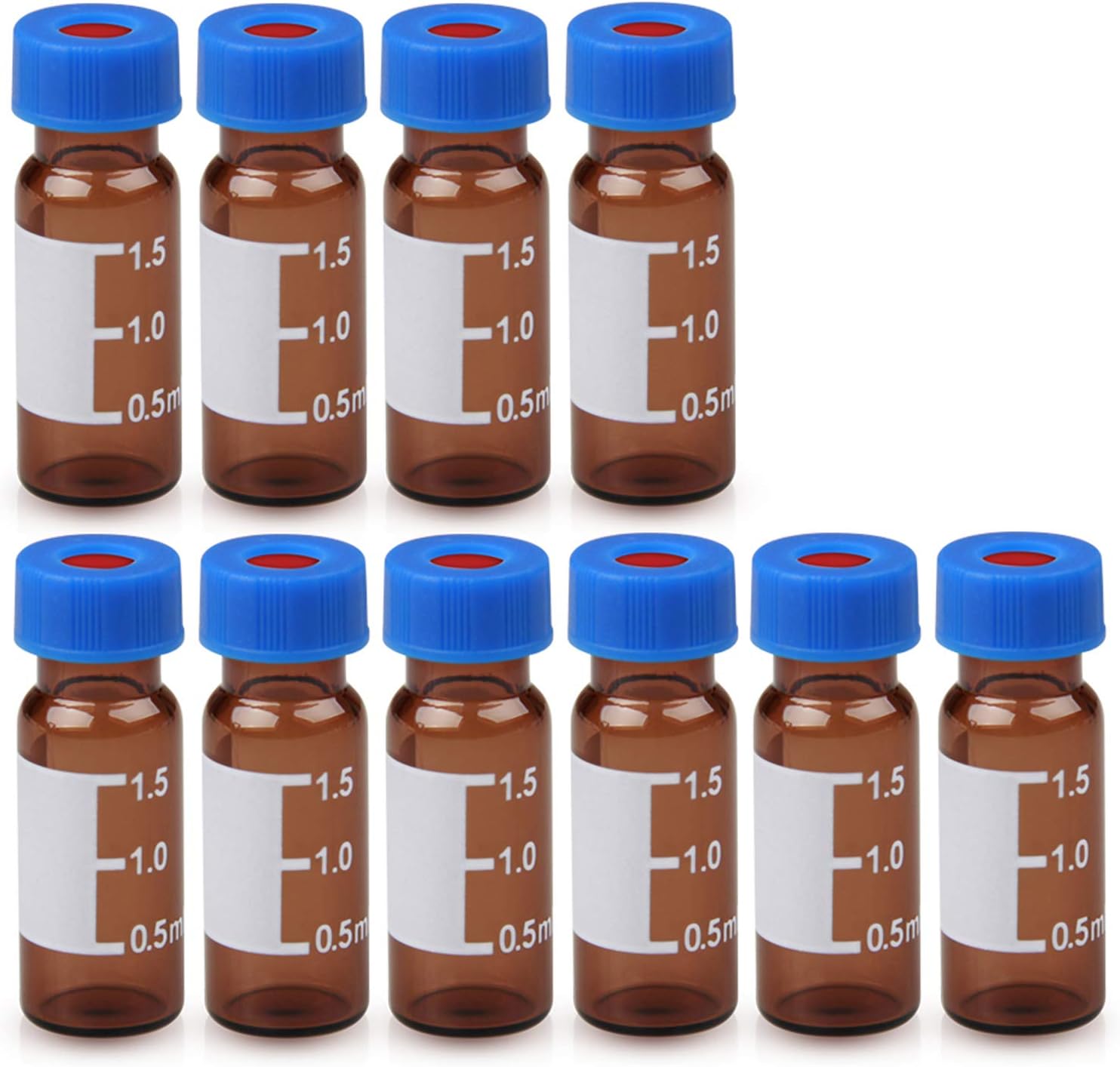 Autosampler Vial, 2ml HPLC Vial with Caps, 9-425 Amber Vial with Blue Screw Caps,Writing Patch,Graduation,White PTFE & Red Silicone Septa Fit for LC Sampler(100pcs,Brown)