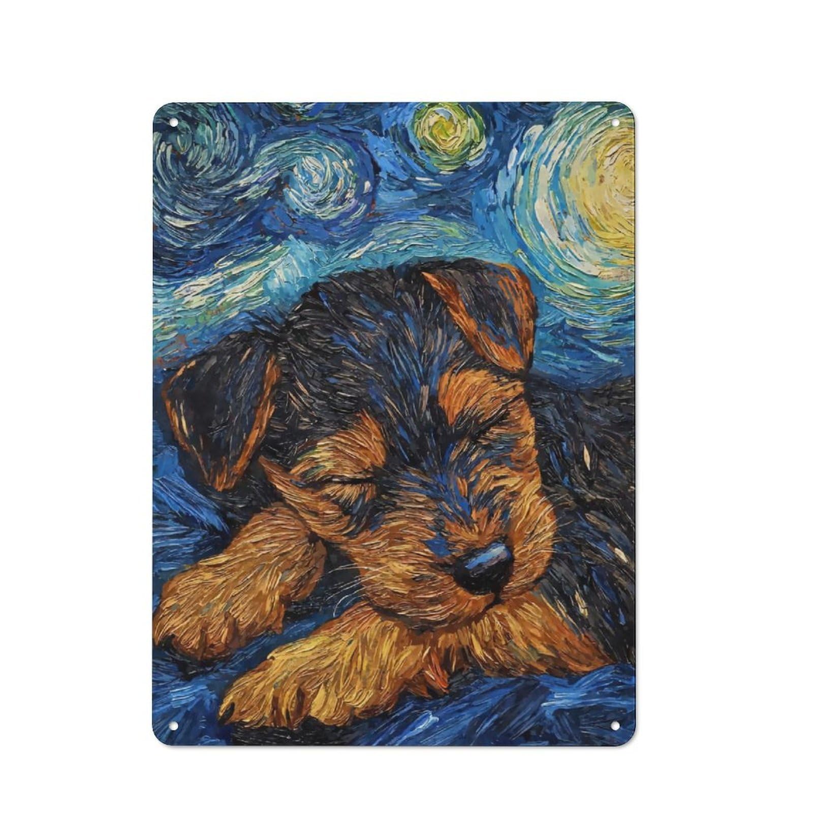 Decorative Metal Plaque with Welsh Terrier Puppy Starry Night Design 40x30cm, Modern Retro Studio Wall Art for Workspace, Cafe, Hallway Or Garage