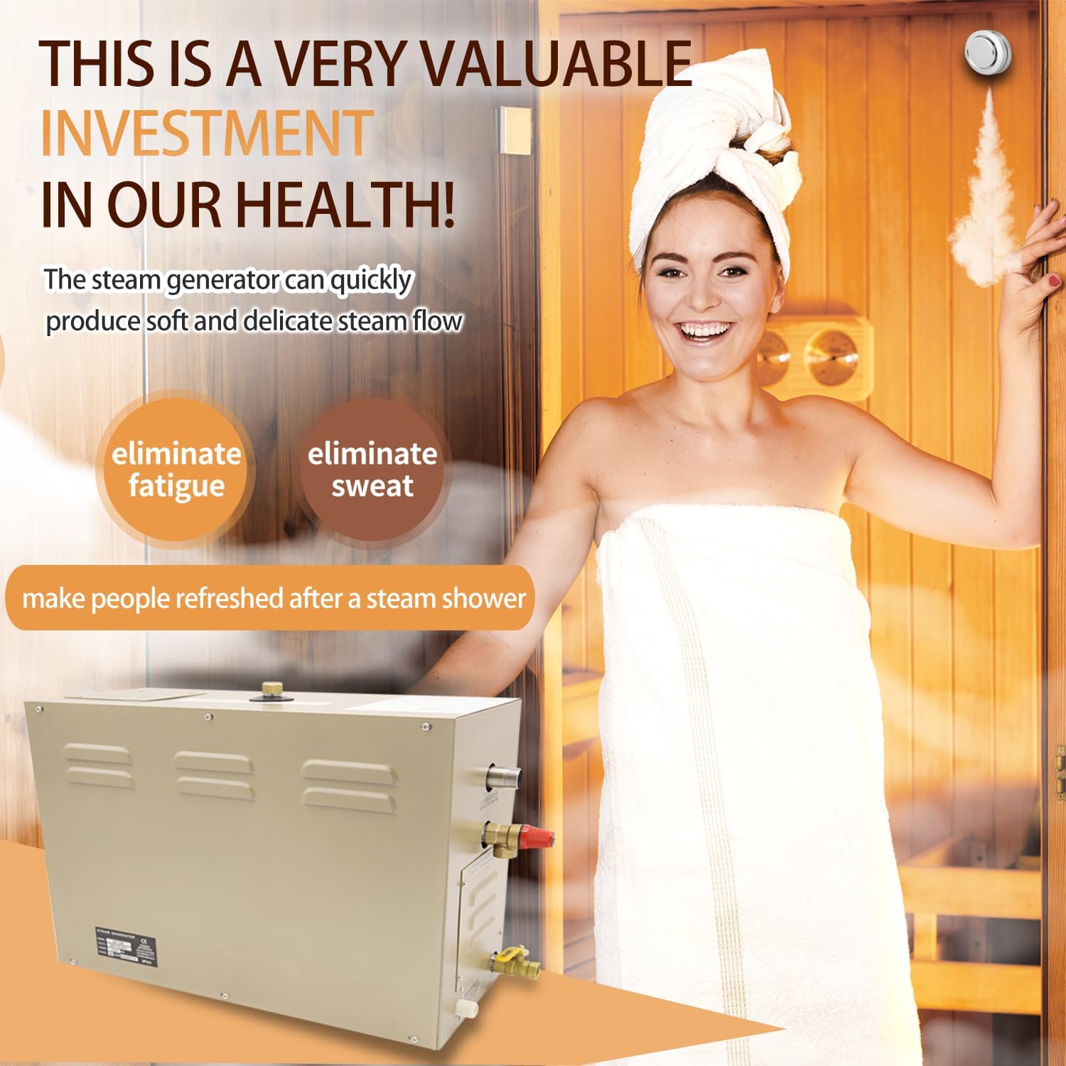 Steam shower generator,15kw Household-Commercial,Steam shower generator kit,with self-draining system,Temperature adjustable 95-131°F,Applicable space 420～560ft3