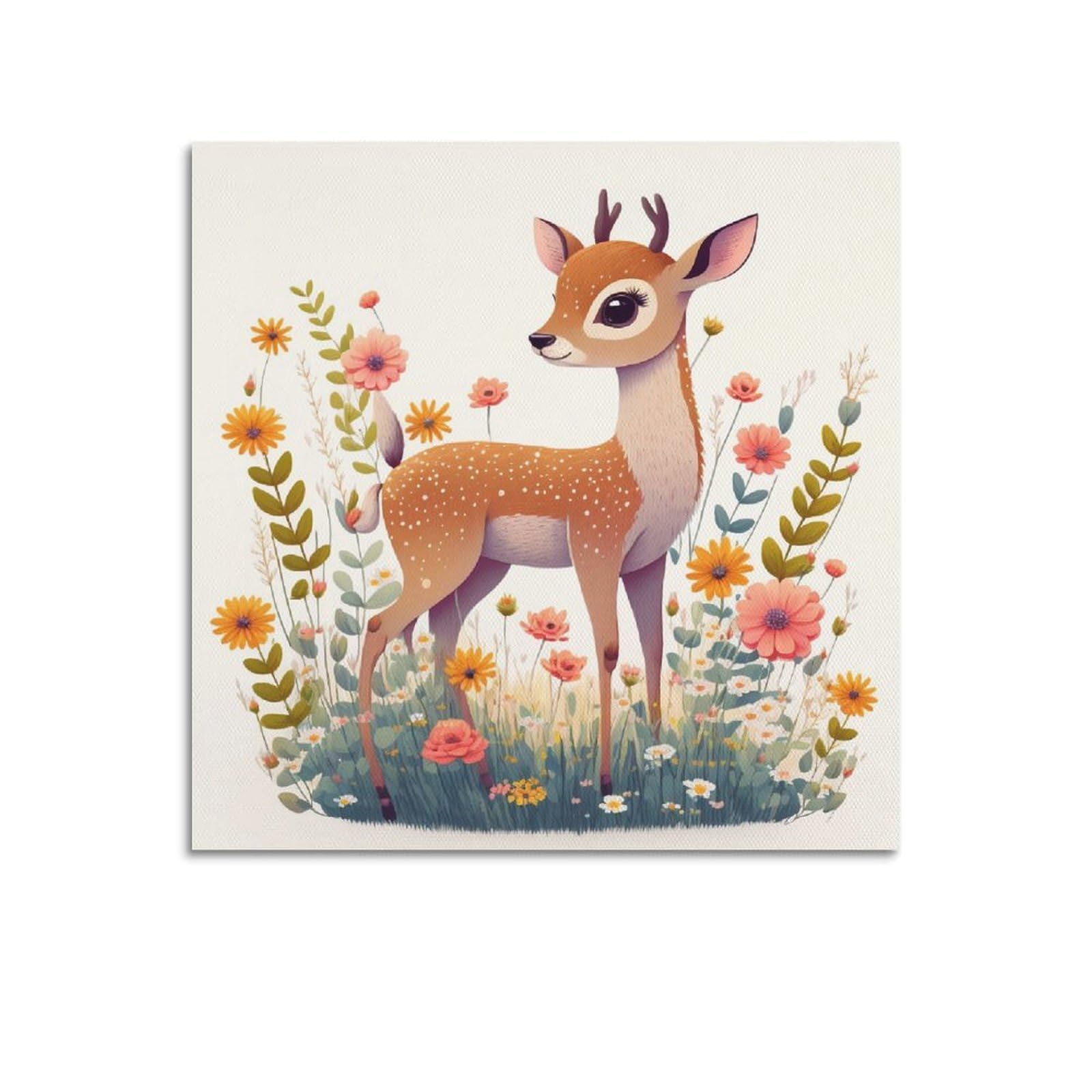 Xkuga Boys Unframe-Style Cartoon Animal Poster Habitat Wildlife Kawaii Healing Deer Modern Decorative Canvas Prints - Ideal Wall Art For Family, Man Cave, Game Room, & Girls Bedroom 12X12inch(30X30cm)