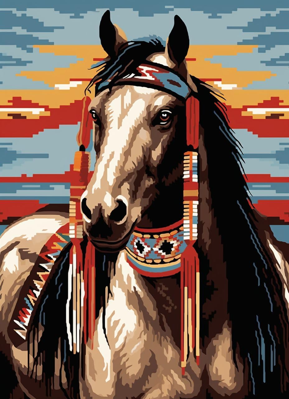 Indian Horse Latch Hook Rug Kit for Adults Easy Carpet Cushion with Printed Canvas Crochet Yarn Craft DIY Hooking Tapestry for Home Floor Decoration Pets Pads 52x38cm(1)